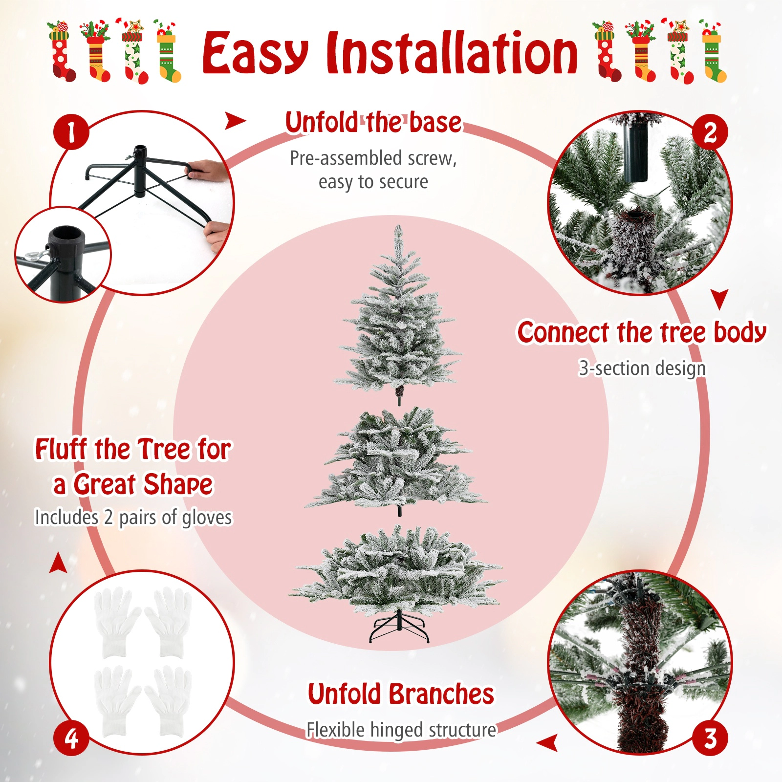SUGIFT Snow Flocked Artificial Christmas Tree 6-ft Tall with 3-Section Hinged Frame Cool White LED Lights Green+White