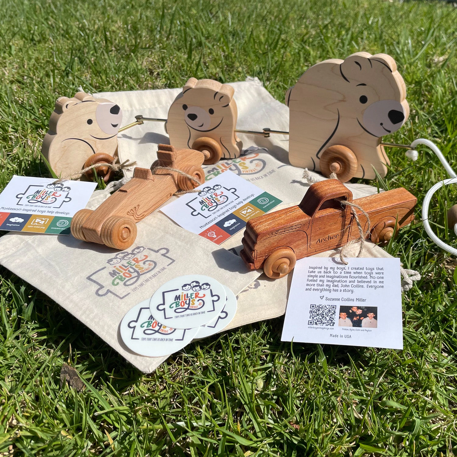 3 Bears Wooden Pull Toy - Maple Wood - Made in USA