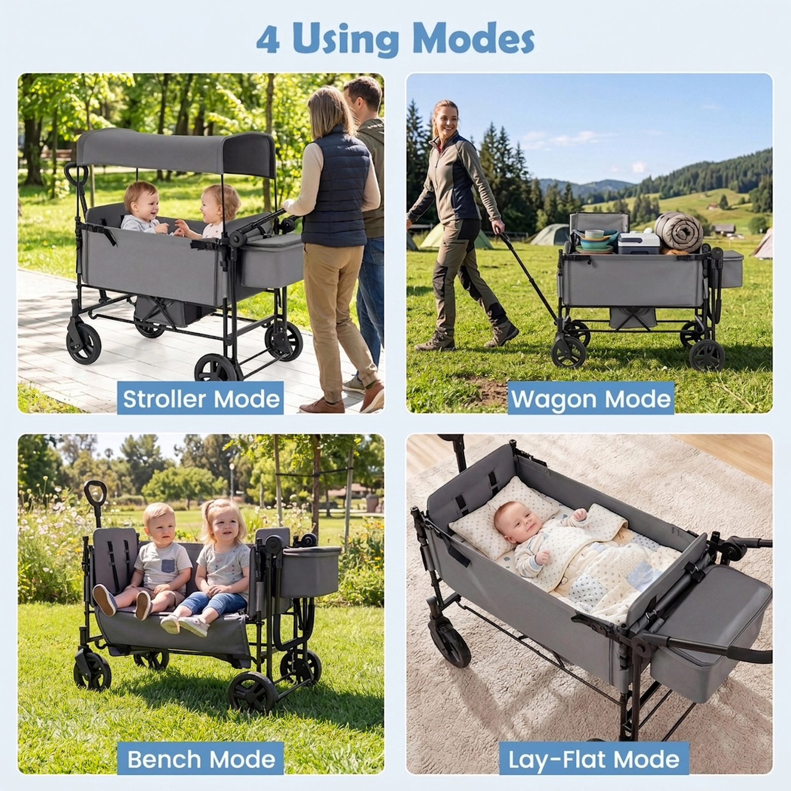 SUGIFT Toddler Gray 2-Seat Wagon Stroller with Removable Canopy 54-in W 25.5-in D 44-in H 40-lb Per Seat