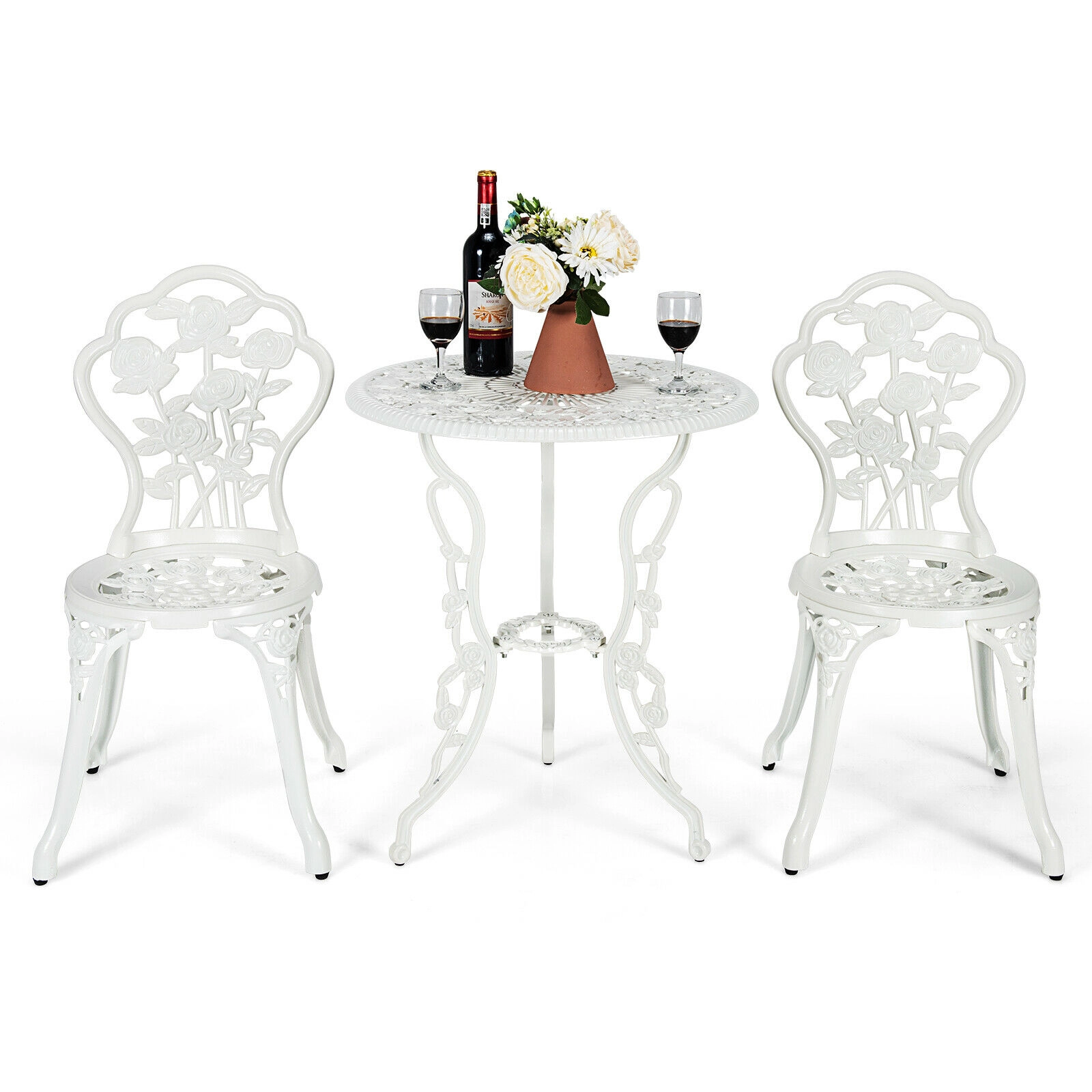 SUGIFT 3-Piece White Cast Aluminum Patio Bistro Set with Rose Design, Round Table and 2 Chairs