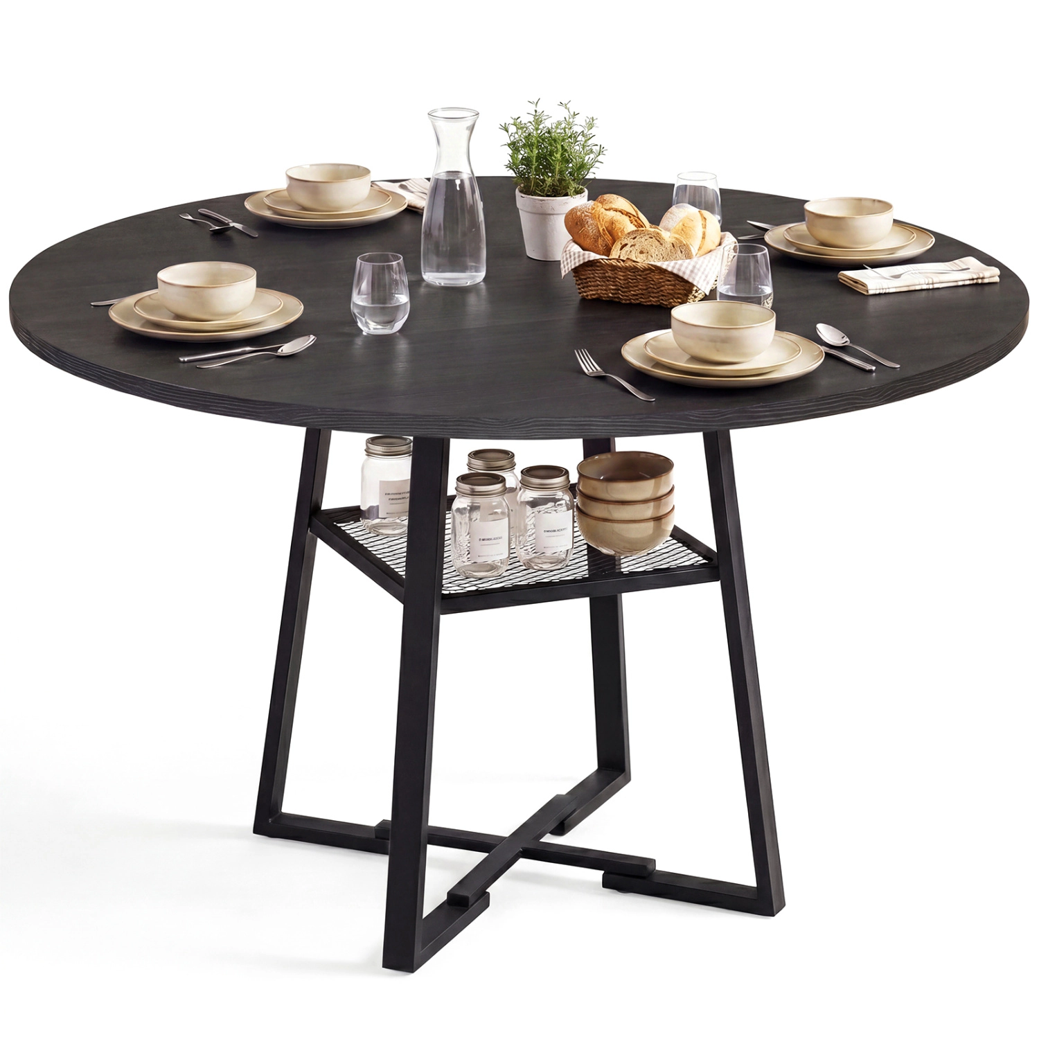 LJG Round Dining Table for 4-6 with Storage Shelf and Metal Legs