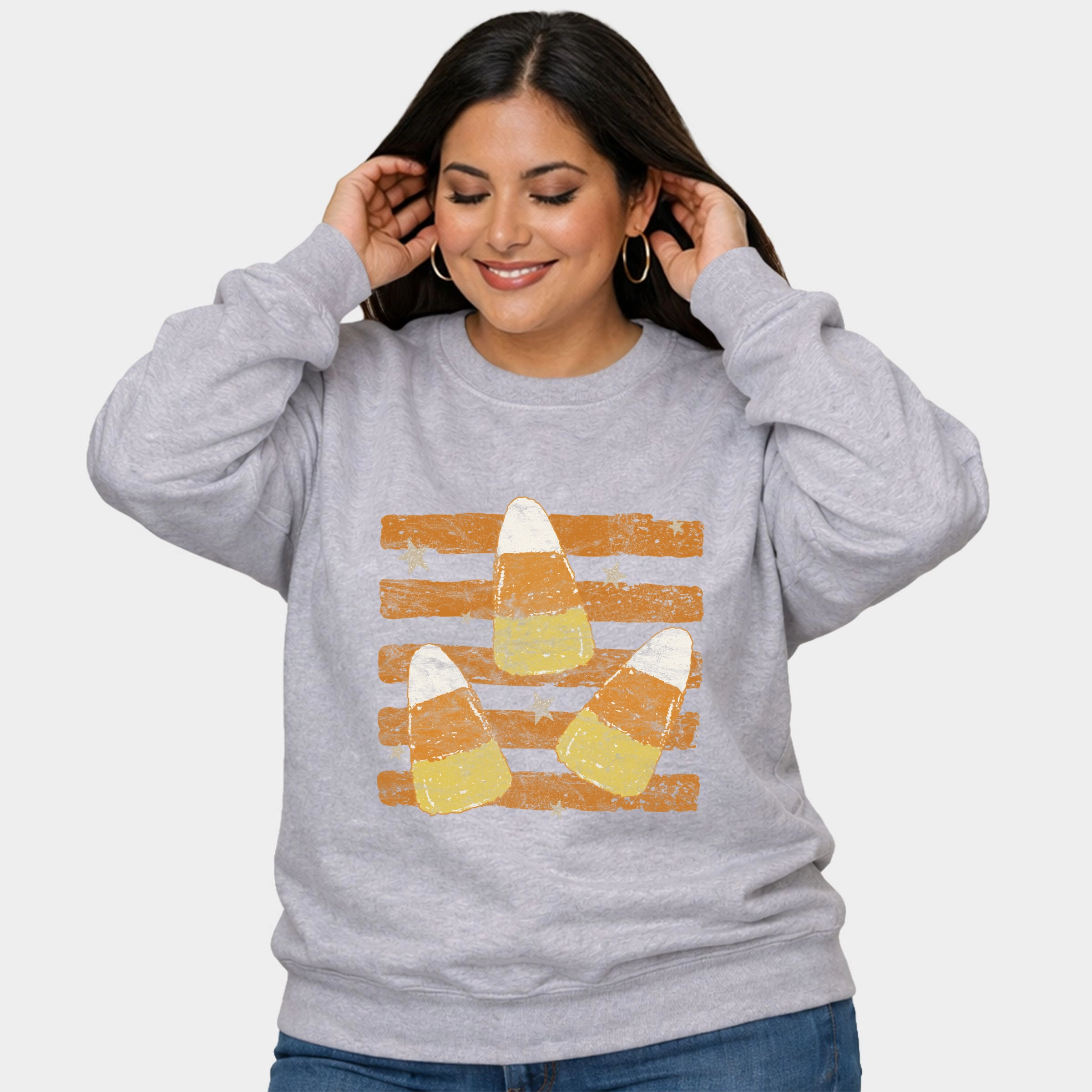 Simply Sage Market - Women's Plus Sized Graphic Sweatshirt Candy Corn Orange Stripes