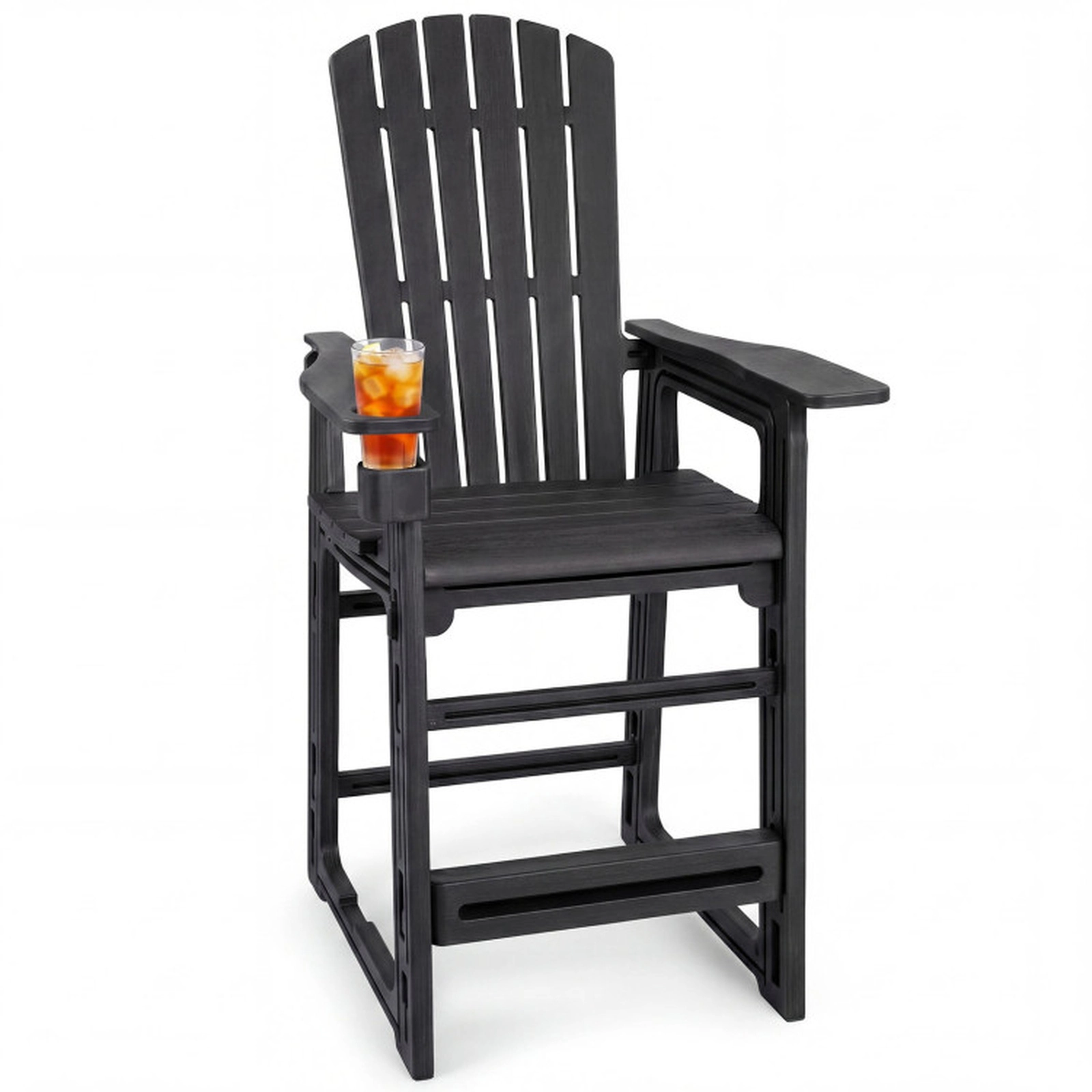 SUGIFT Black Backrest Armrests and Cup Holder Outdoor 29 Inch HDPE Bar Stool