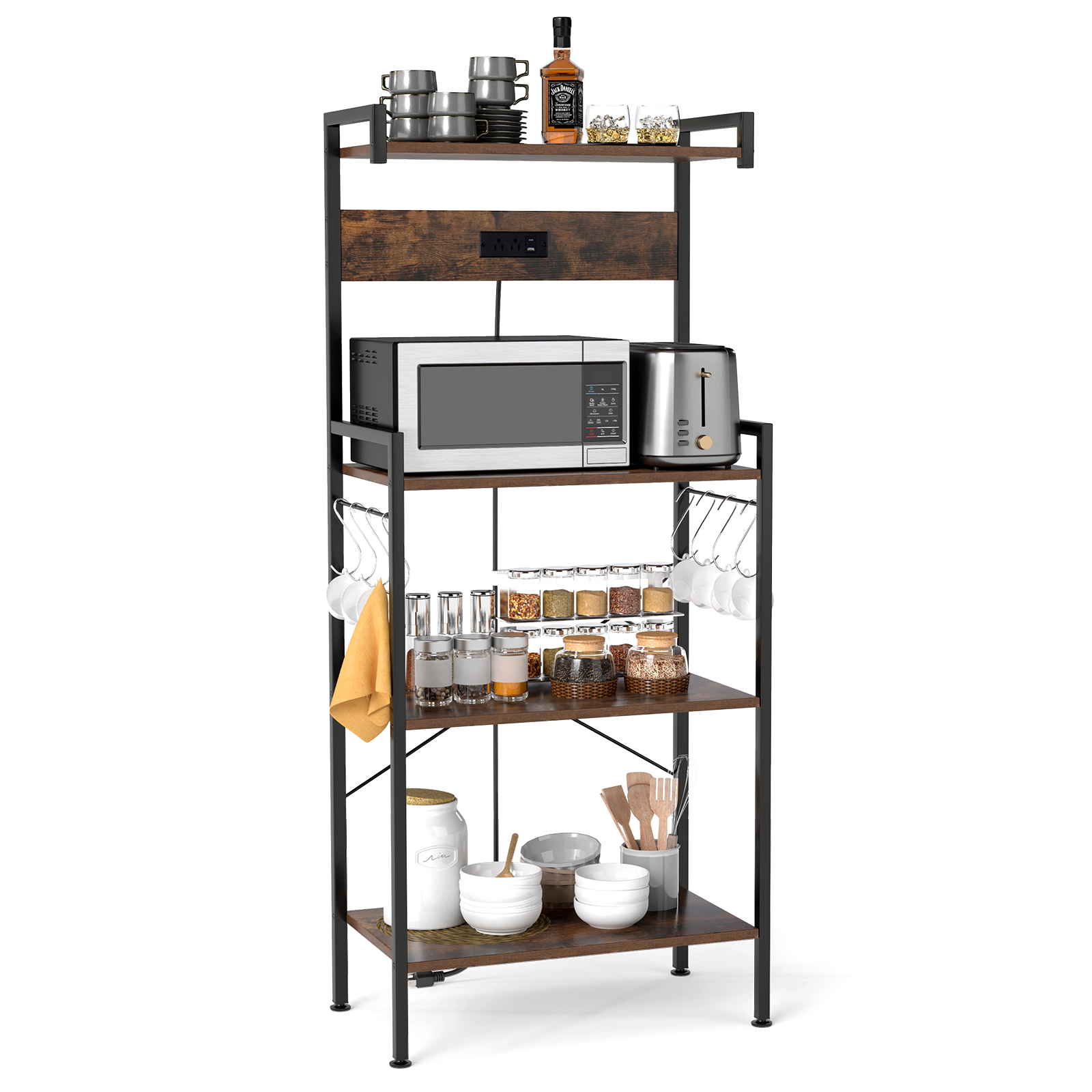 LJG 4-Tier Kitchen Bakers Rack with Power Outlet and 8 Hooks
