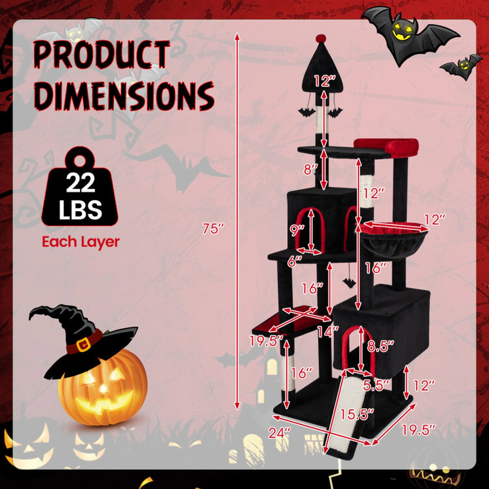 SUGIFT 75-in Gothic Cat Tree with 2 Condos Rotating Basket 2-in-1 Ramp and Padded Top Perch for Large Cats