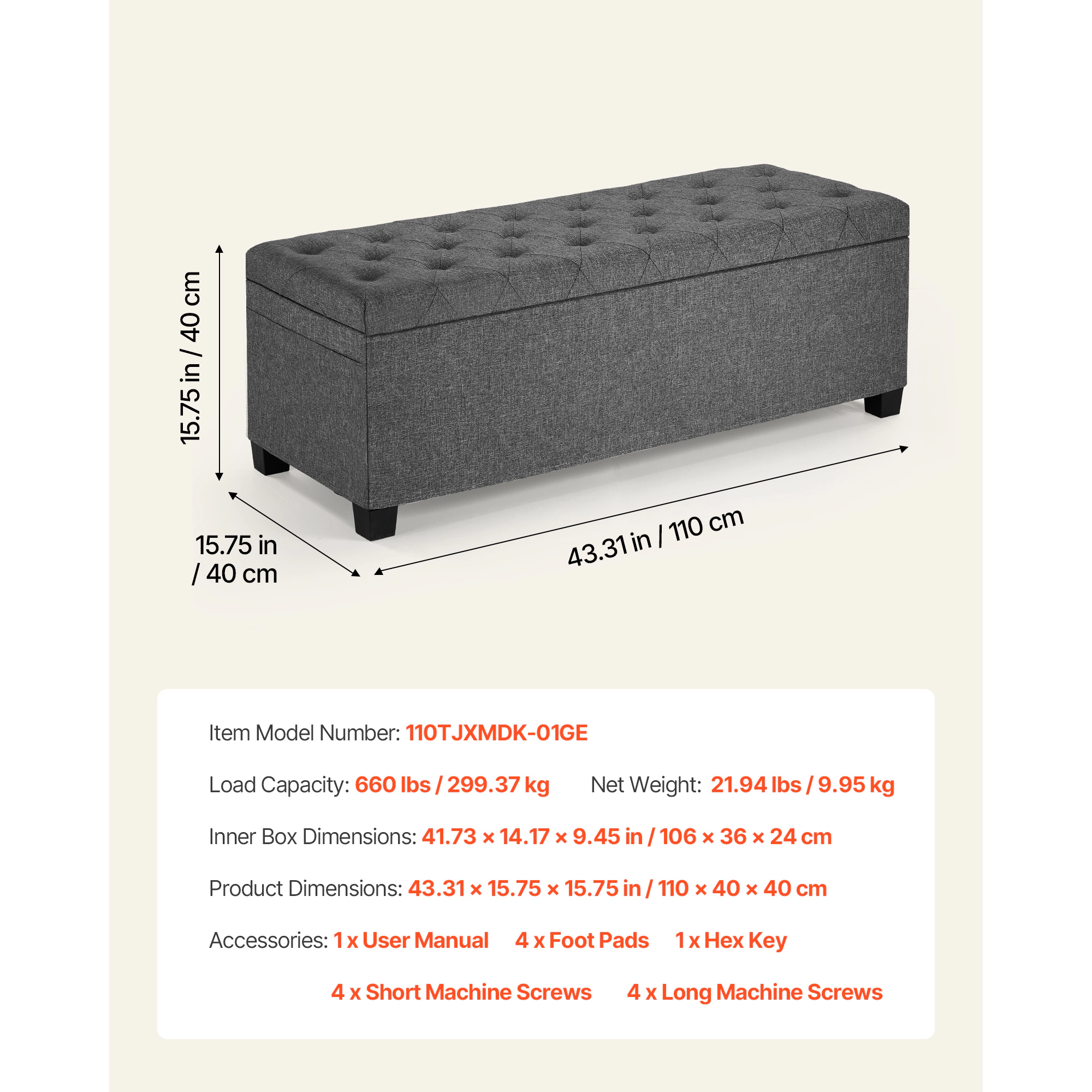 HONGGE Storage Ottoman Bench End of Bed Bench Upholstered Bed Ottoman Chest with Storage for Living Room Bedroom