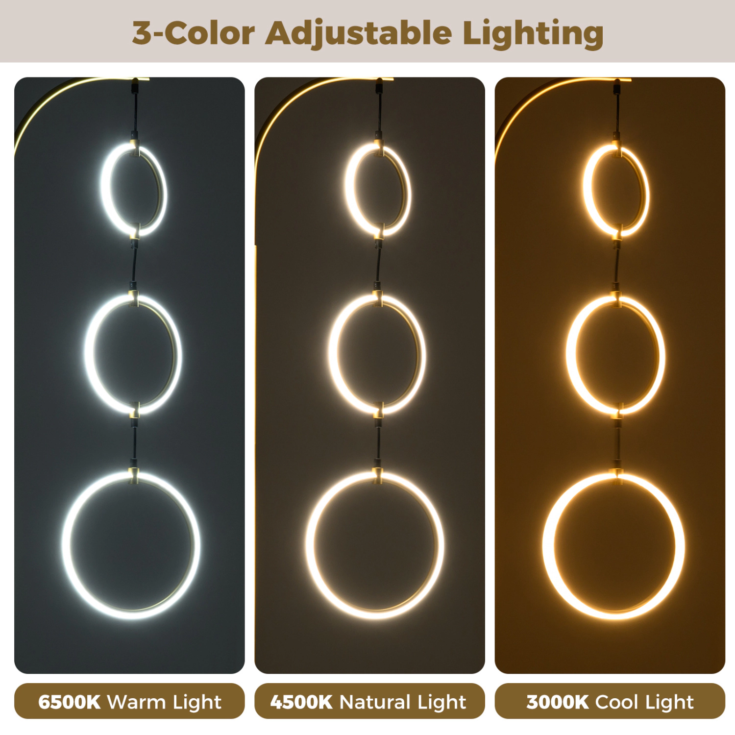 Slickblue Modern 3 Ring LED Floor Lamp 71in Gold Standing Light with Memory Function