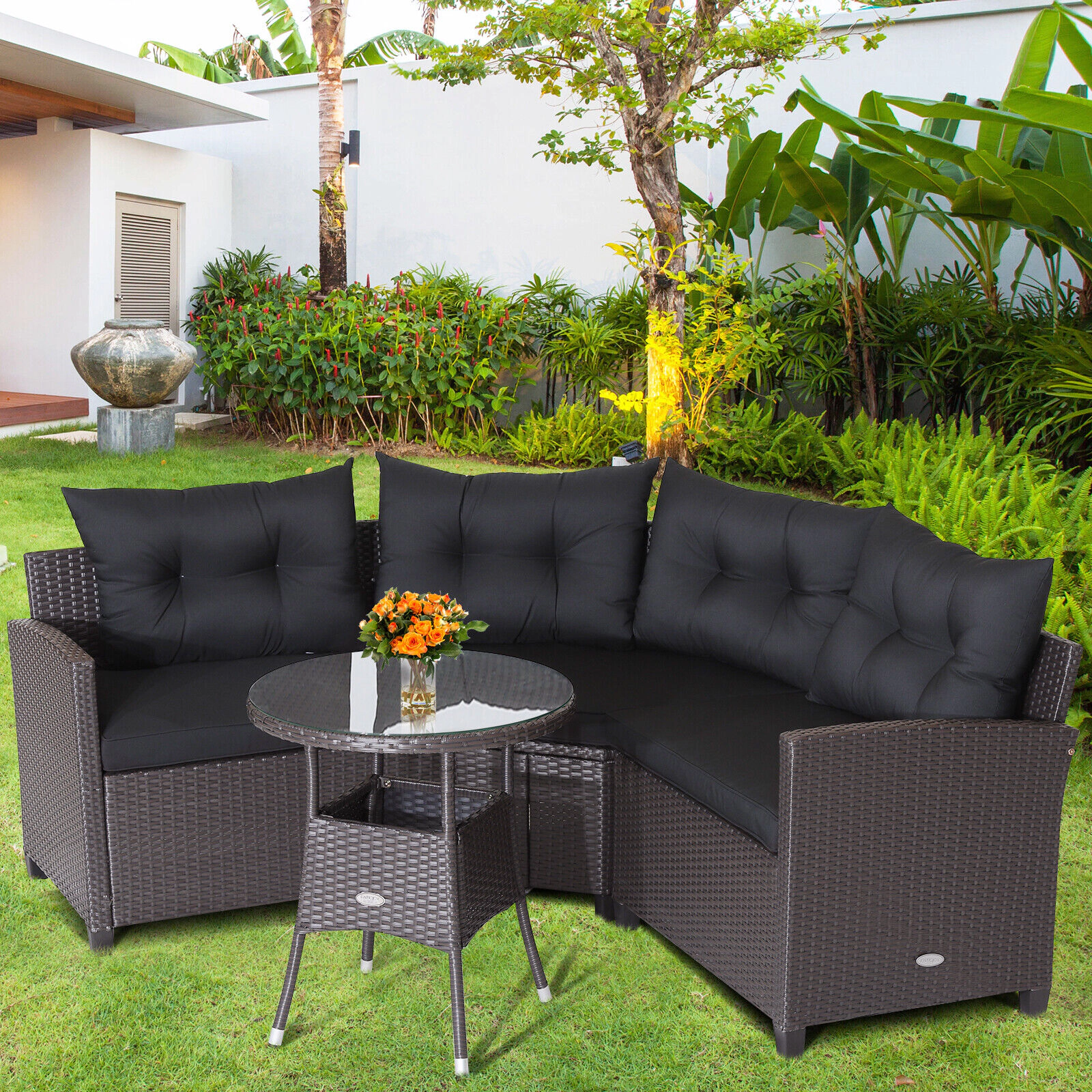 LJG 4 Pieces Patio Rattan Furniture Set Cushioned Sofa Glass Table