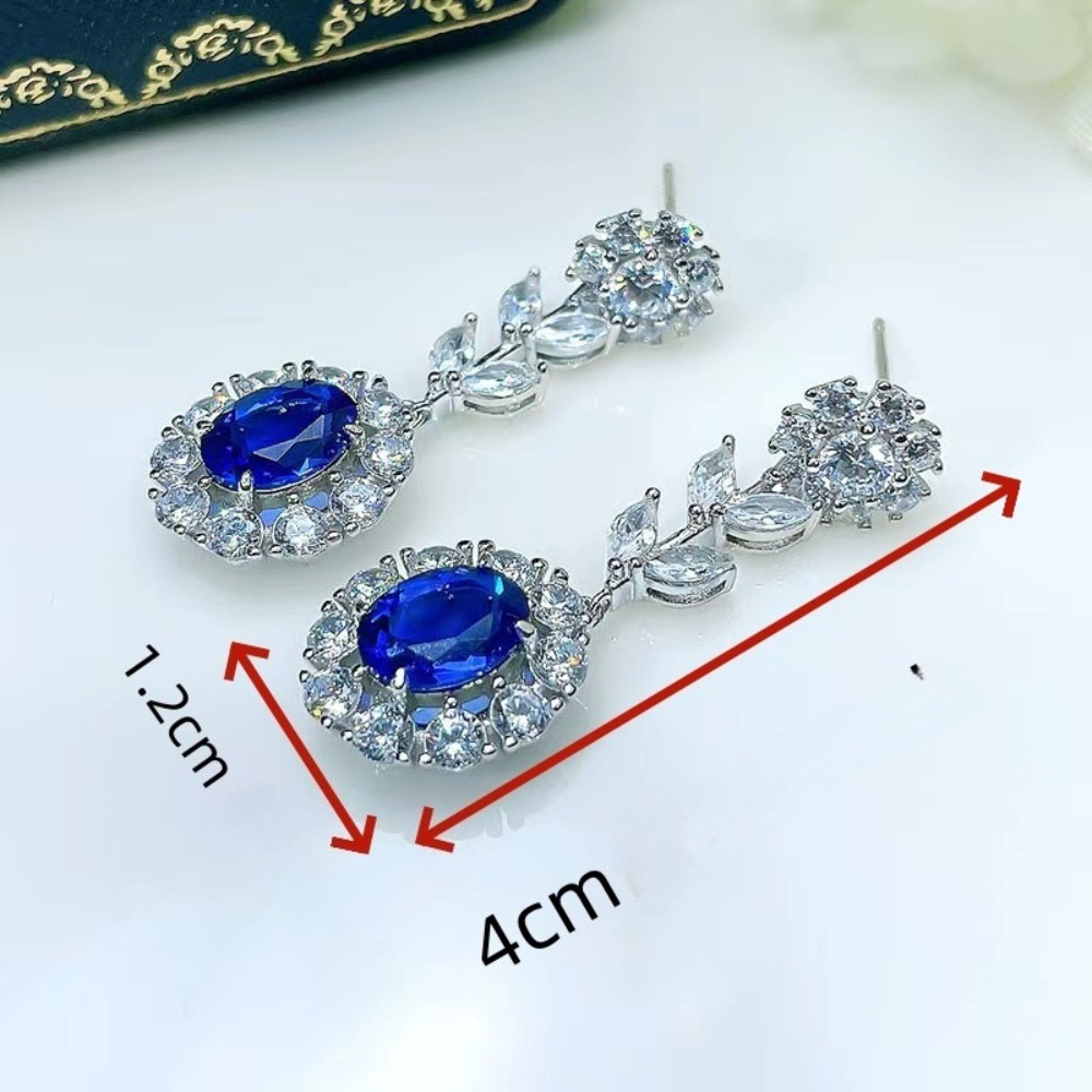 Oval Blue Sapphire Simulant Floral Leaf Dangle Earring
