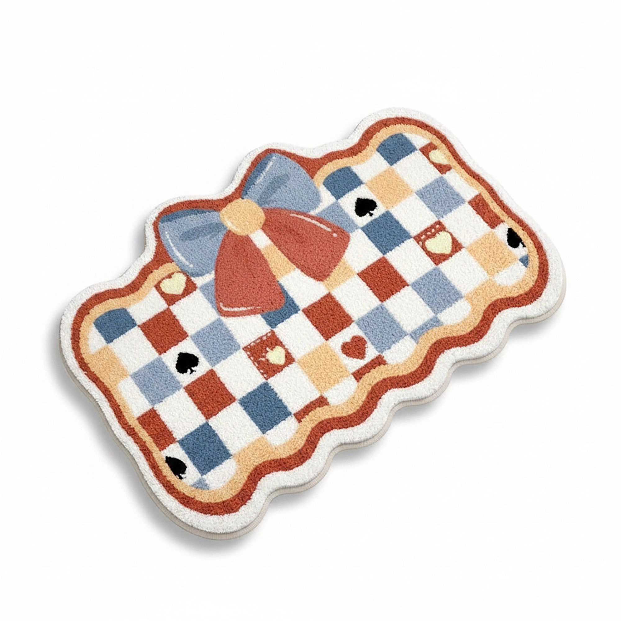 Alilang Unisex Tufted Floor Mat with Checkered Pattern Bow Detail Scalloped Edge Non Slip Backing Plush Decorative Indoo