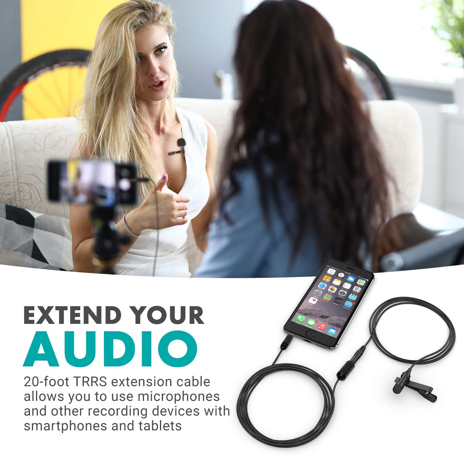 Movo PM10EC6 20-foot (6m) TRRS Female 3.5mm to TRRS Male 3.5mm Microphone Extension Cable for Smartphones