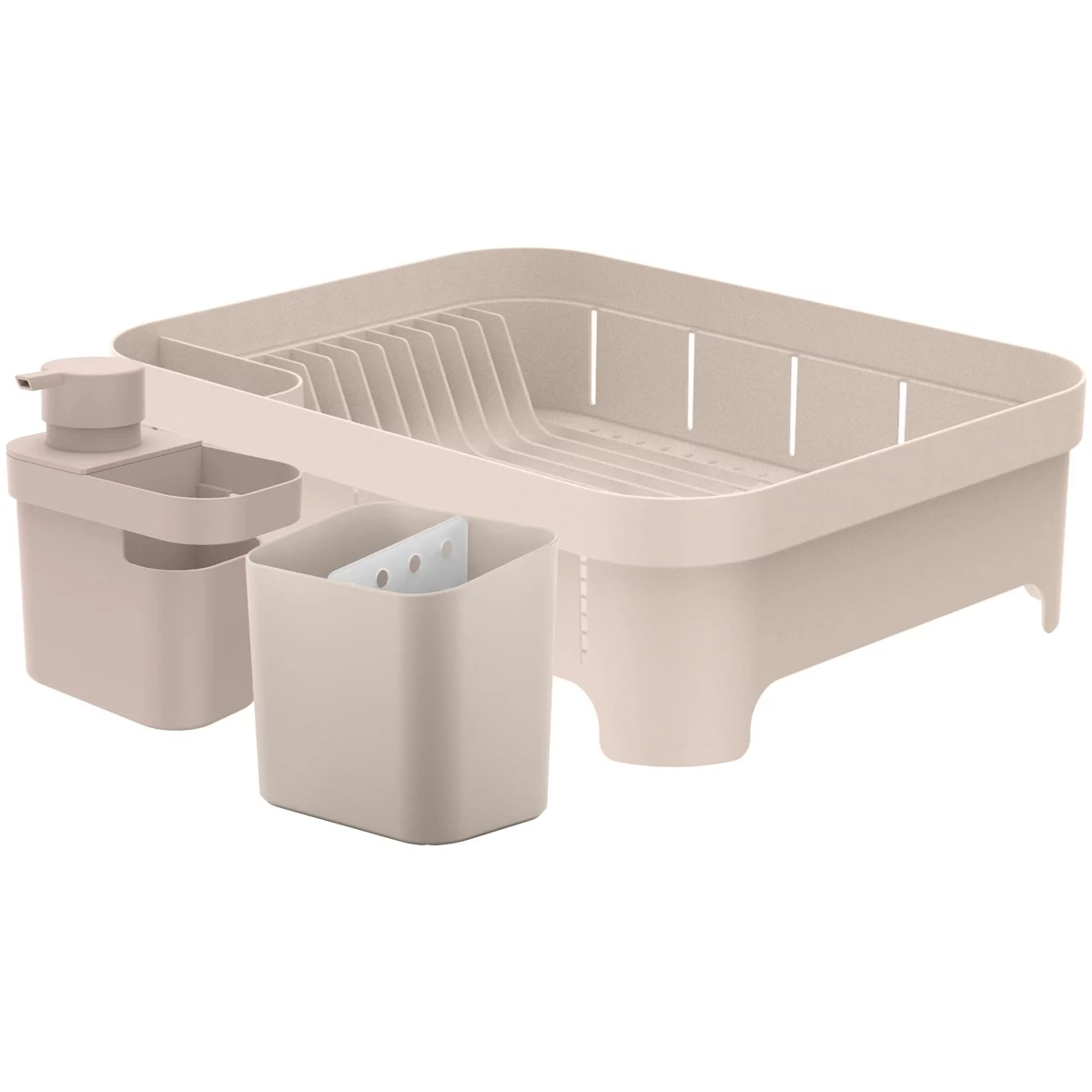 OU Kitchen Sink Organizer 3pc Set- Dish Drying Rack, Cutlery Drainer & Soap Dispenser Caddy w/ Sponge Holder