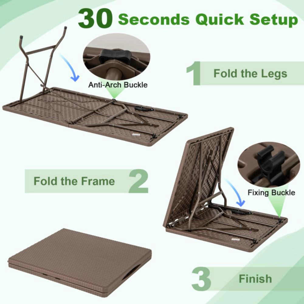 Hivvago 5Ft Folding Picnic Table With Rattan Grain Hdpe Tabletop And Sturdy Metal Fame-Coffee