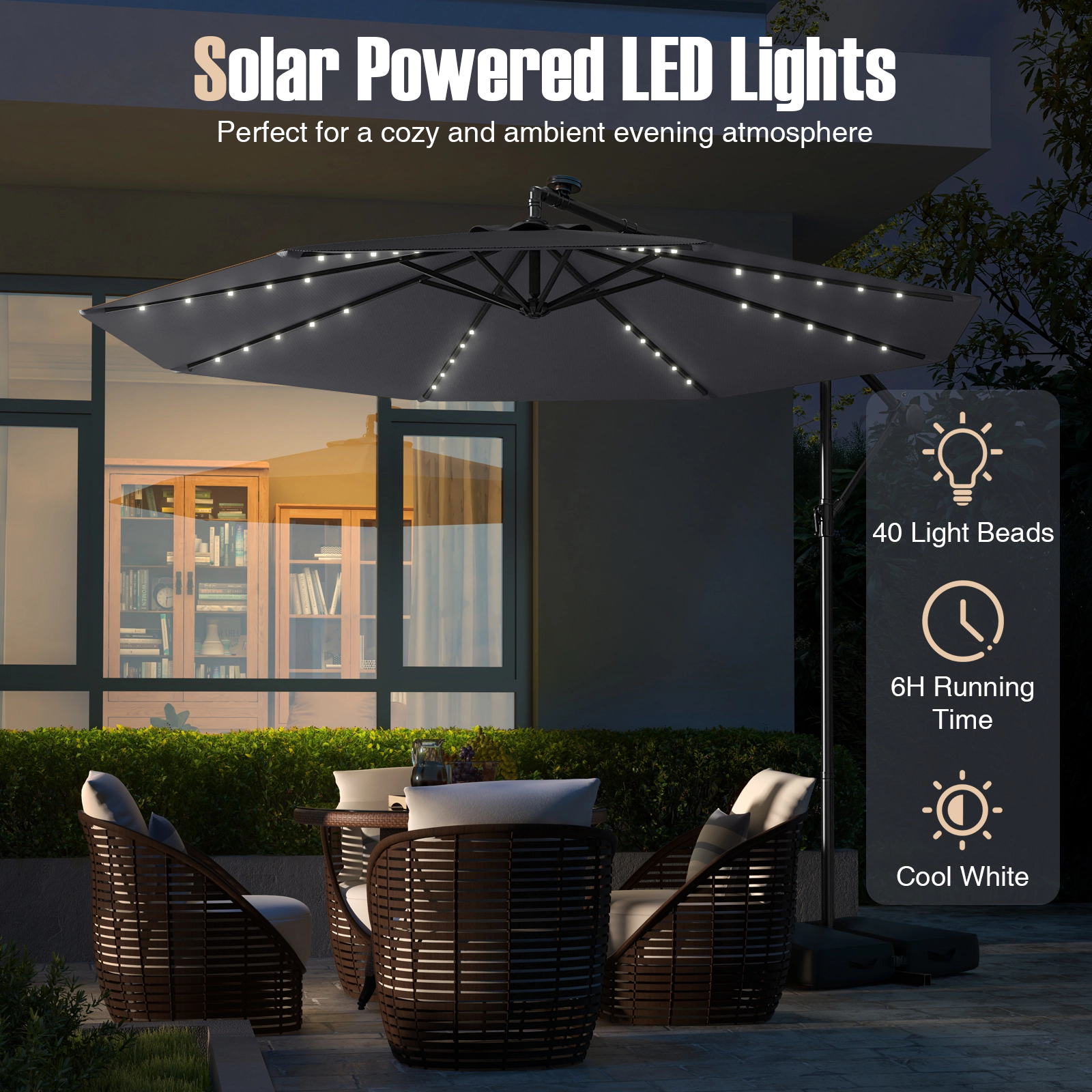 SUGIFT 10-ft Gray Offset Hanging Patio Umbrella with 40 Cool White Solar Lights and Vented Double Top
