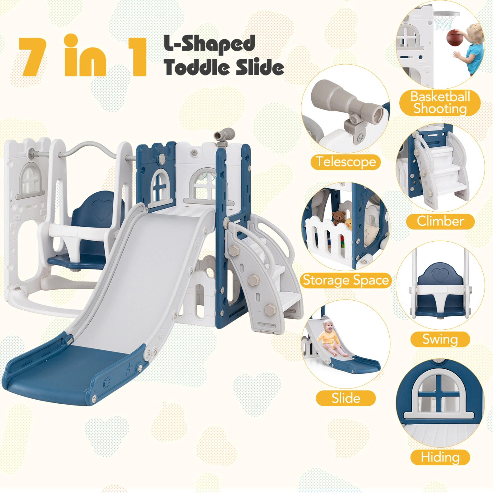 SUGIFT 7-in-1 Toddler Swing & Slide Climber Set with Ladder & Basketball Hoop 110-lb Capacity Ages 1-3 Blue & White