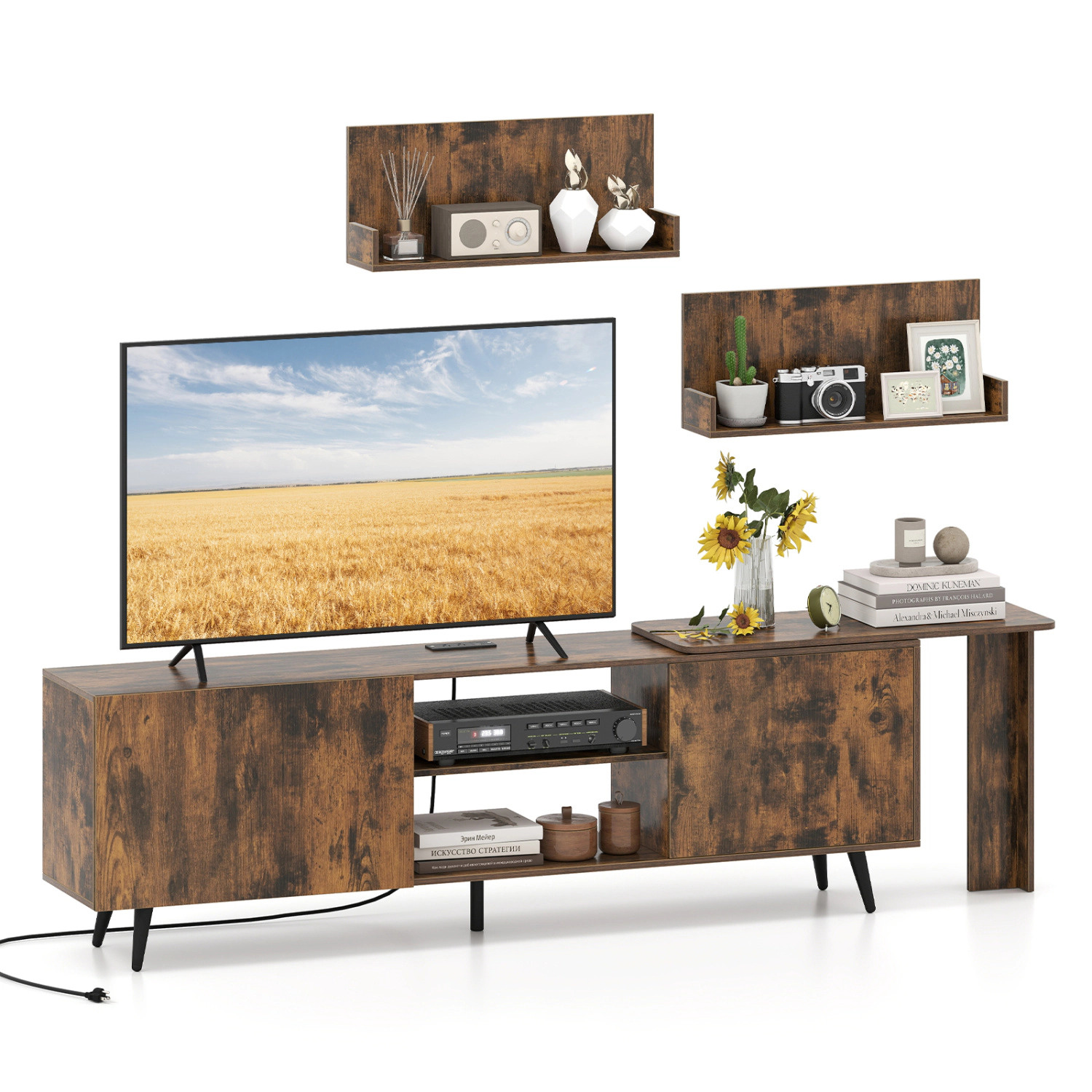 Glintex 74-Inch TV Stand with 2 Wall Shelves and Charging Station, Rustic Brown & Black