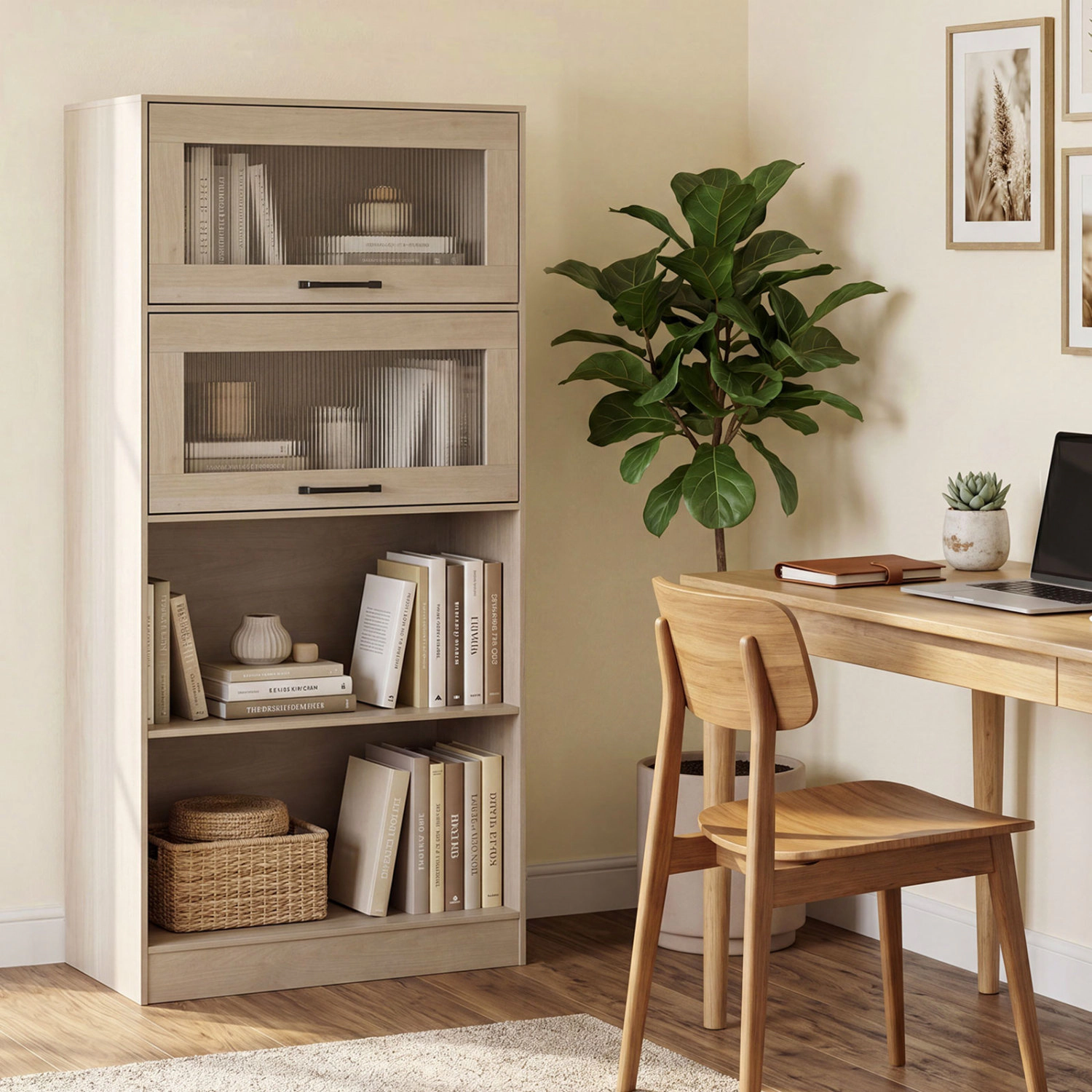 Hivvago 4-Tier Bookshelf with Storage Cabinets and Open Compartments