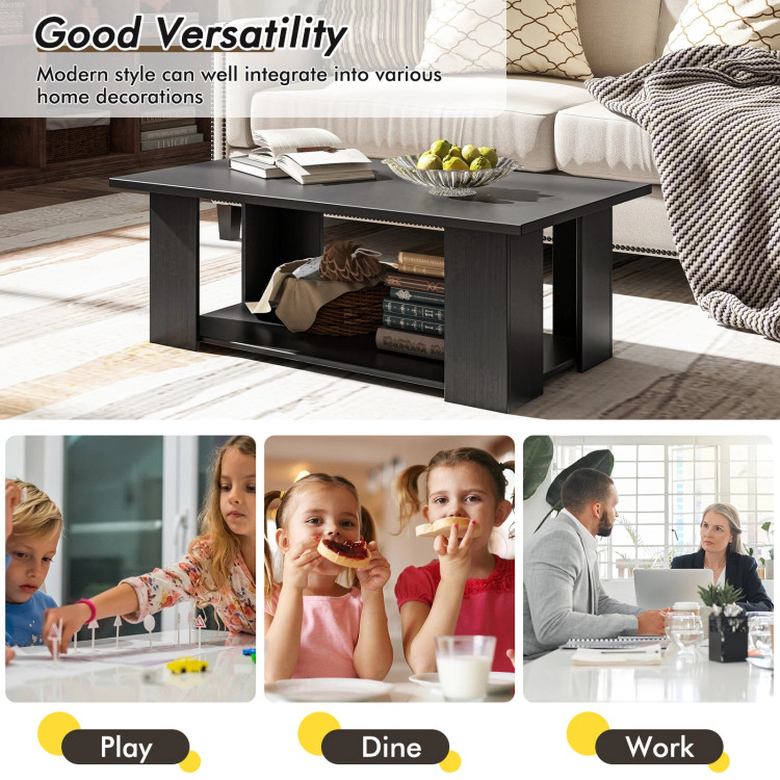 SUGIFT 41-in 210-lb Capacity Black 2-Tier Wooden Modern Coffee Table with Open Storage Shelf and Support Legs