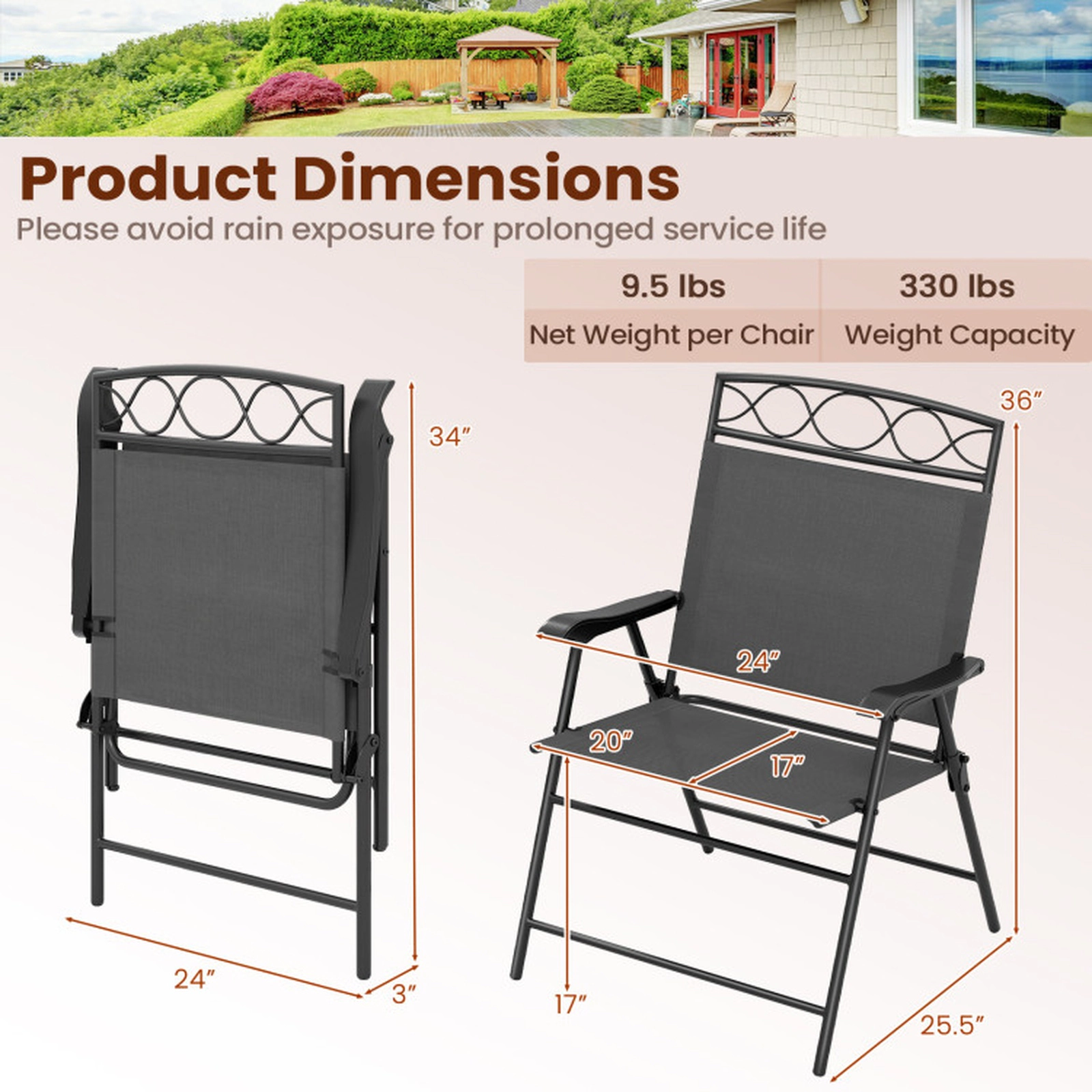 SUGIFT Set of 4 Gray Folding Patio Chairs, Outdoor Sling Seats with Armrests