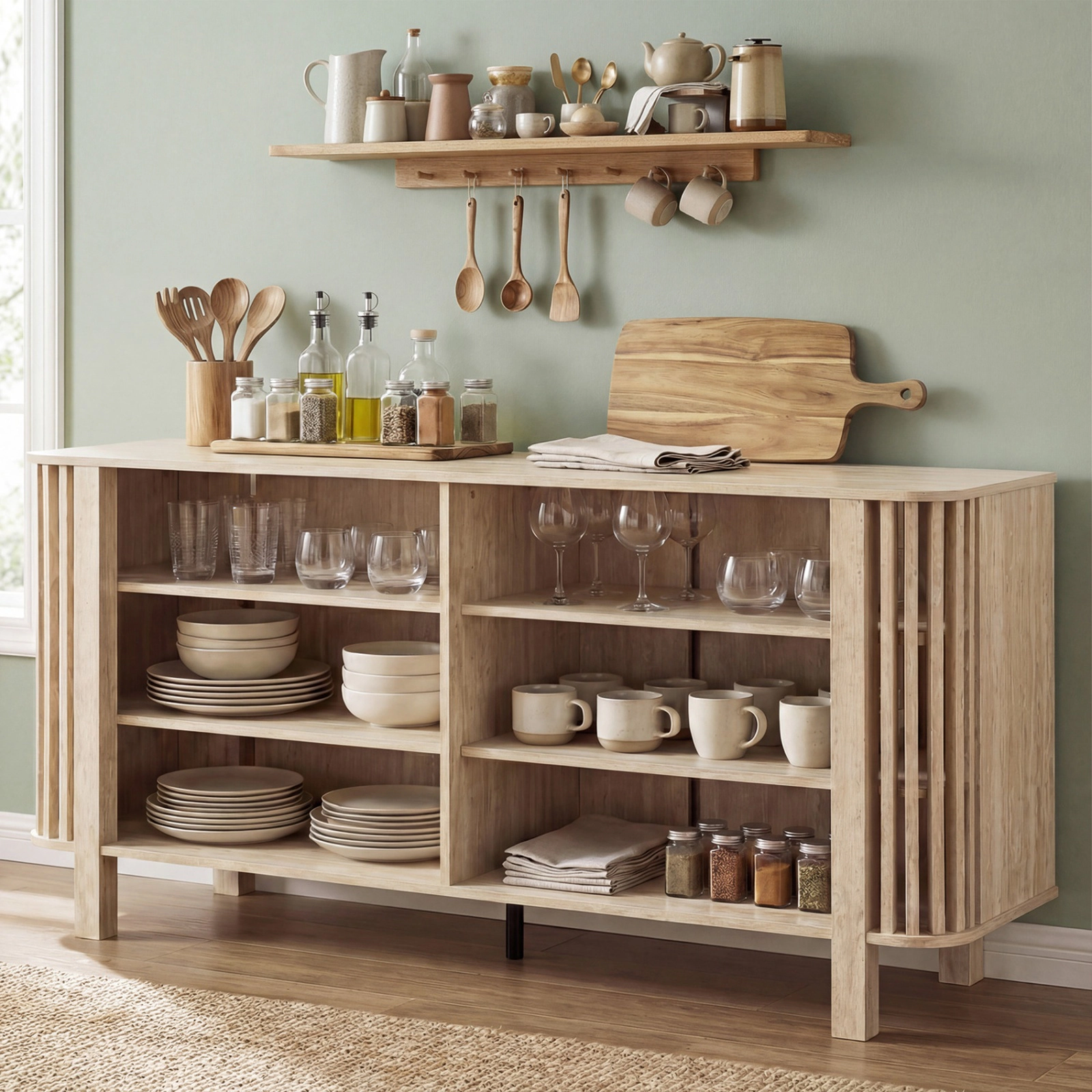 SUGIFT 59-In Natural TV Stand for TVs Up to 55 In, 5-Leg Base, Adjustable Shelves