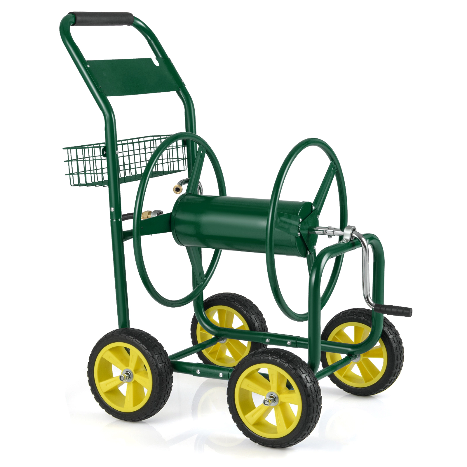 SUGIFT Green Metal Garden Hose Reel Cart with Storage Basket 4 Wheels and Brass Fittings for 300-ft Hose