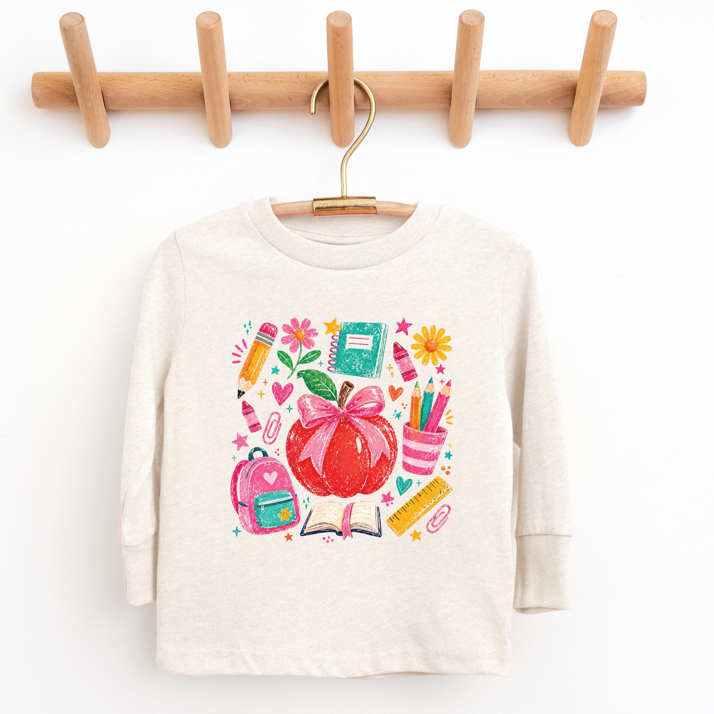 The Juniper Shop - Youth Long Sleeve Graphic T-Shirt Back to School Apple and Supplies