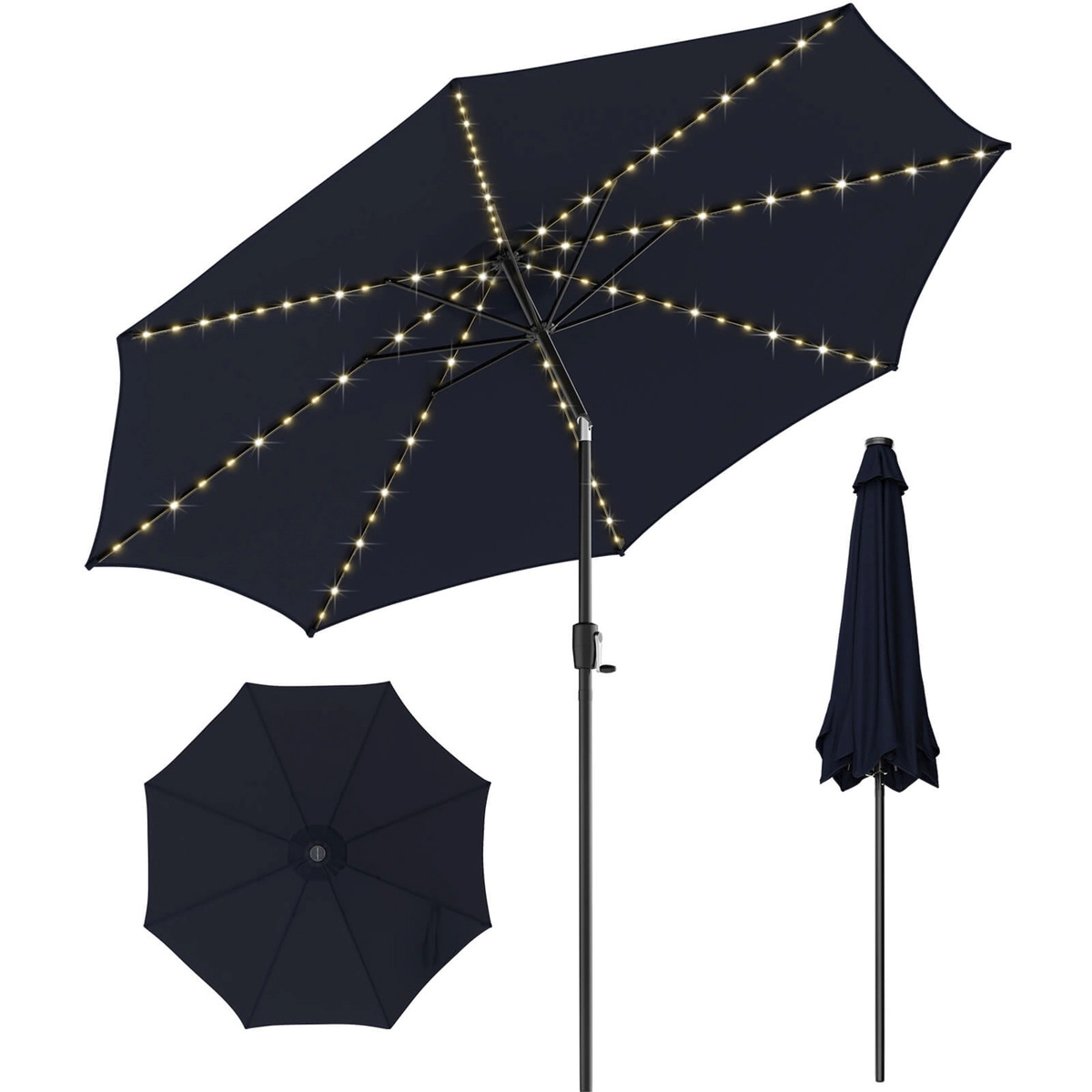 SUGIFT 10-Ft Solar Lighted Patio Umbrella with 112 LED Lights Crank Handle and Tilt 10 x 8.5 in Canopy Navy