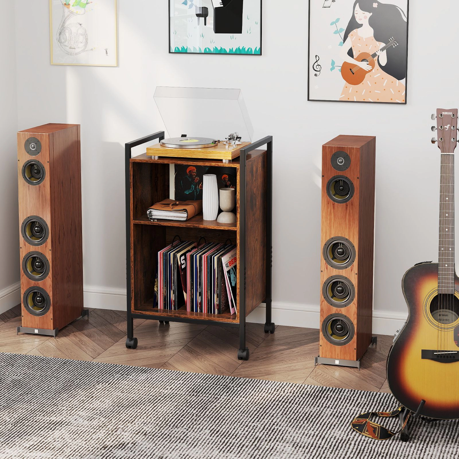 SlickBlue Modern Vinyl Record Player Stand with Storage Shelf and Charging Station