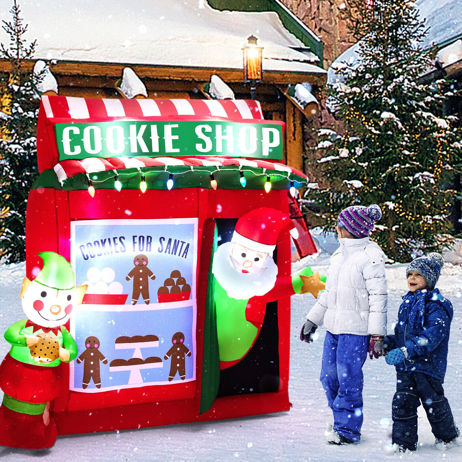 Glintex 6.3-Ft Inflatable Gingerbread Cookie Shop with String and LED Lights, Red