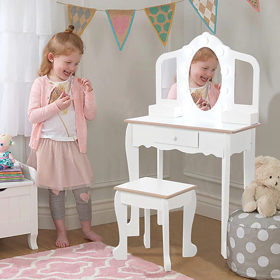 BebreezChic Wooden Kids Vanity Table & Stool Set - Tri-Fold Lighted ...