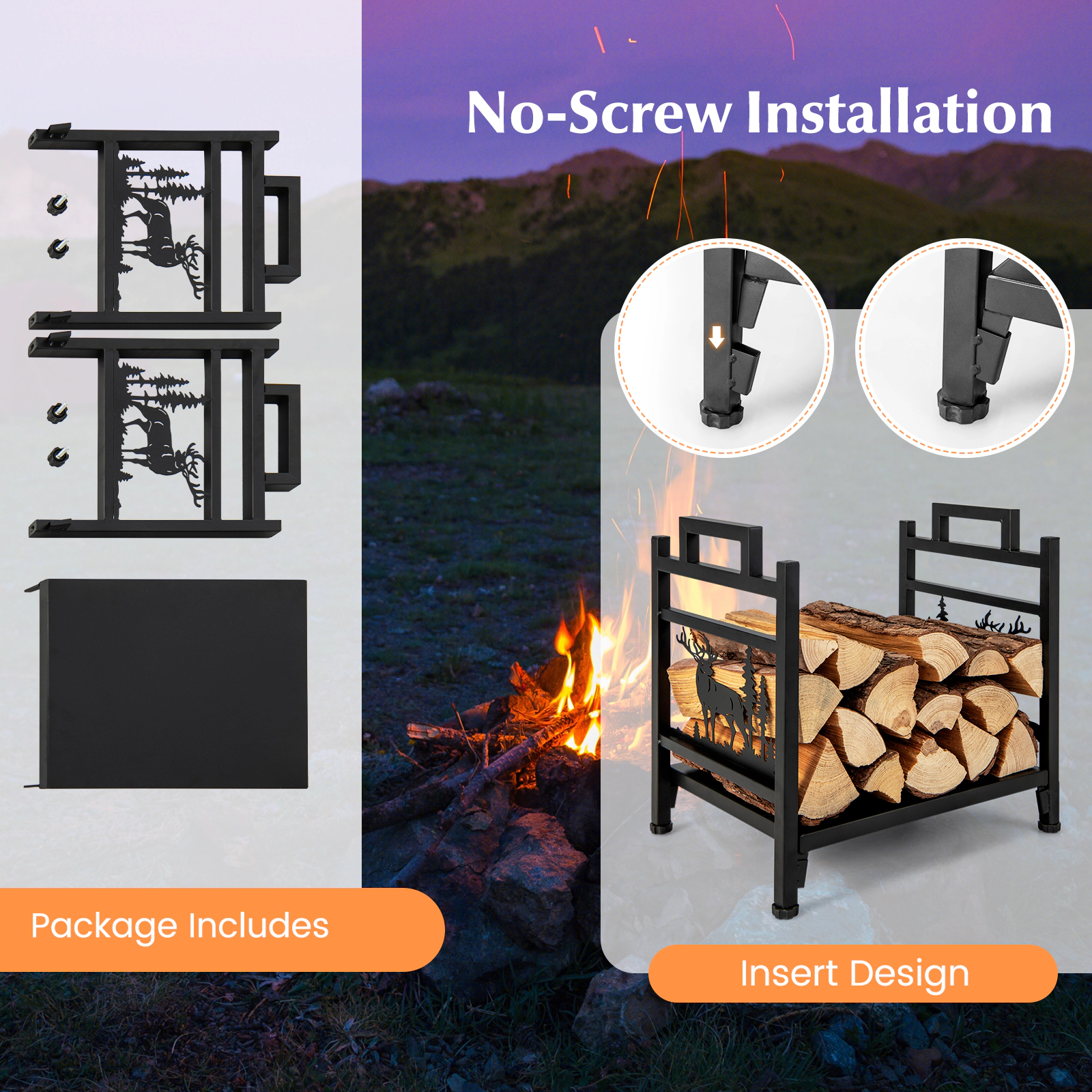 SUGIFT 18.5-in Dual Handles Moose Pattern Metal Firewood Log Rack 18.5-in x 13.5-in x 18-in 135-lb Capacity Black
