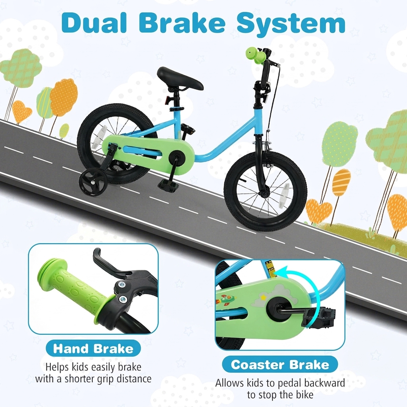 SUGIFT Kids Bicycle with Dual Brakes and Training Wheels 110-lb Capacity Ages 3-5 Years Blue + Green 14-Inch Wheels