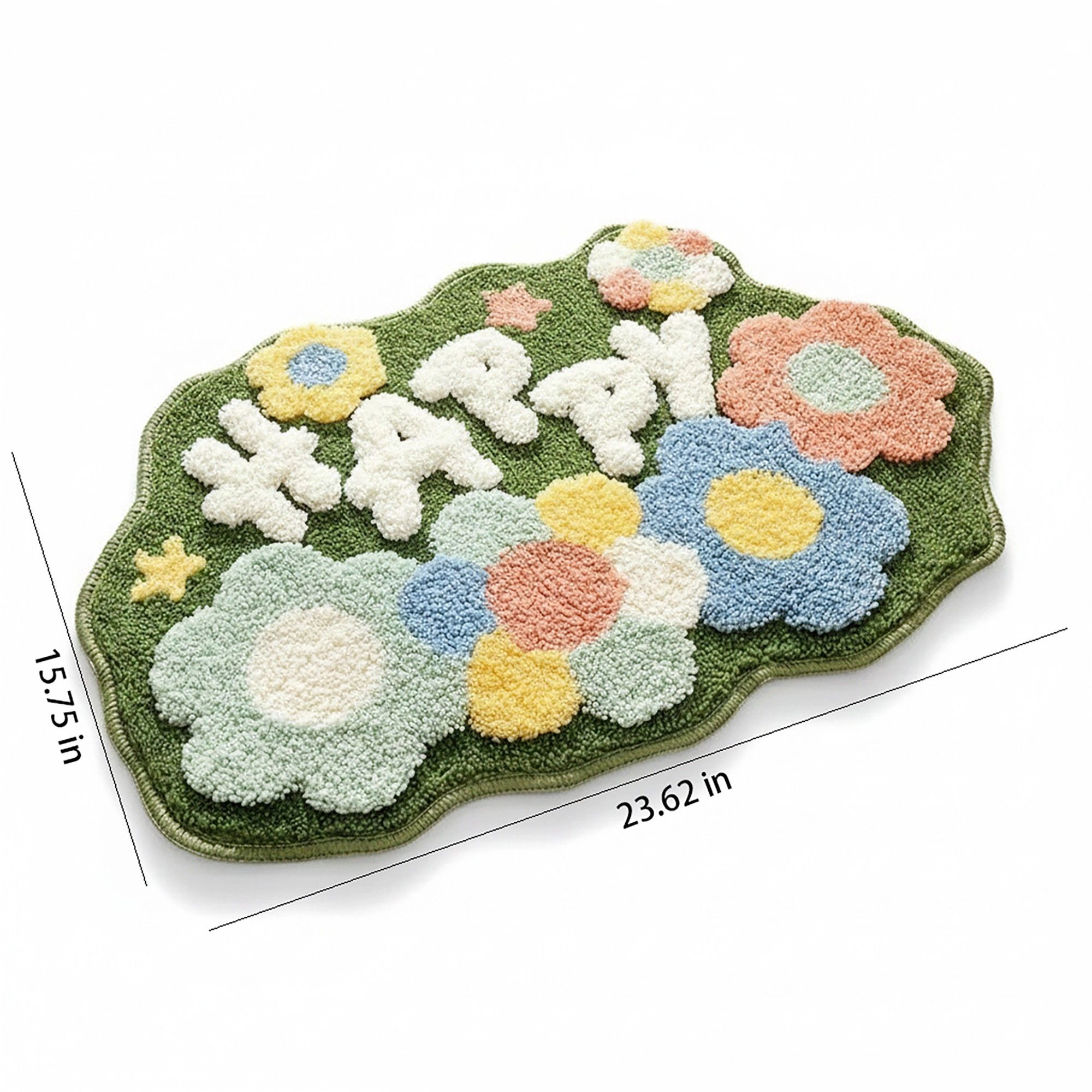 Alilang Unisex Tufted Floor Mat with Happy Text and Floral Pattern Non Slip Backing Soft Plush Decorative Scalloped Edge