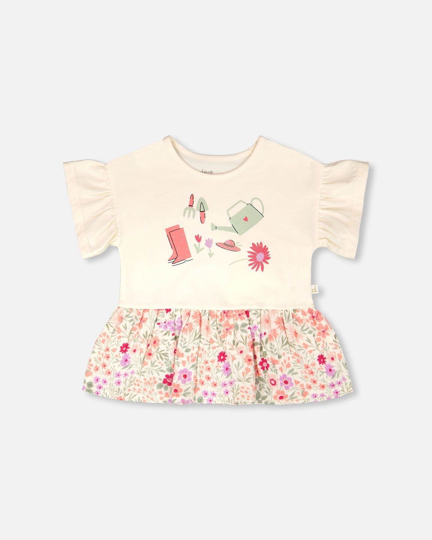 Deux par Girls Organic Cotton Bi-Material Tunic Flowers Print