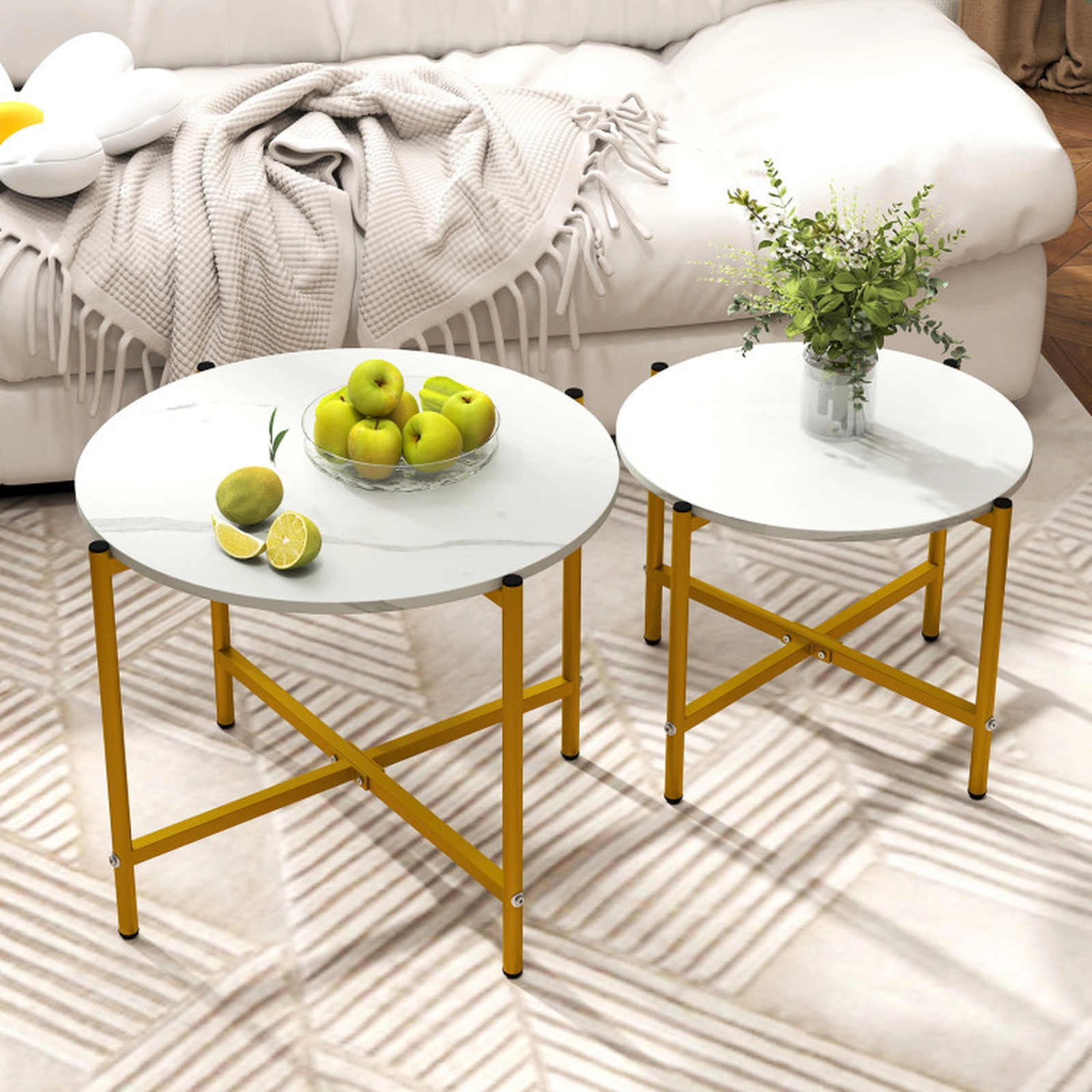 SUGIFT 2-Piece Round Nesting Coffee Table Set, White, Industrial X-Shaped Metal Frames, 200 lb Capacity