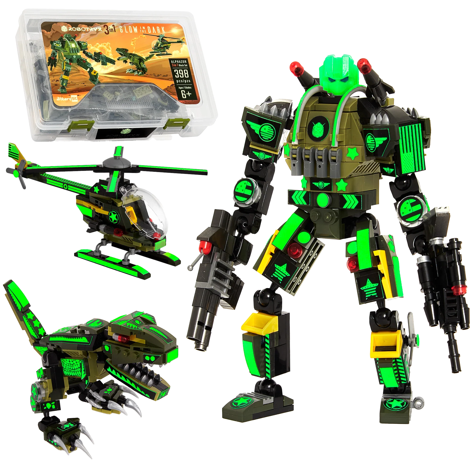 Robotryx Kids AlphaZor 3-in-1 Army Robot Set - 245-Piece Glow-in-the-Dark Raptor & Helicopter