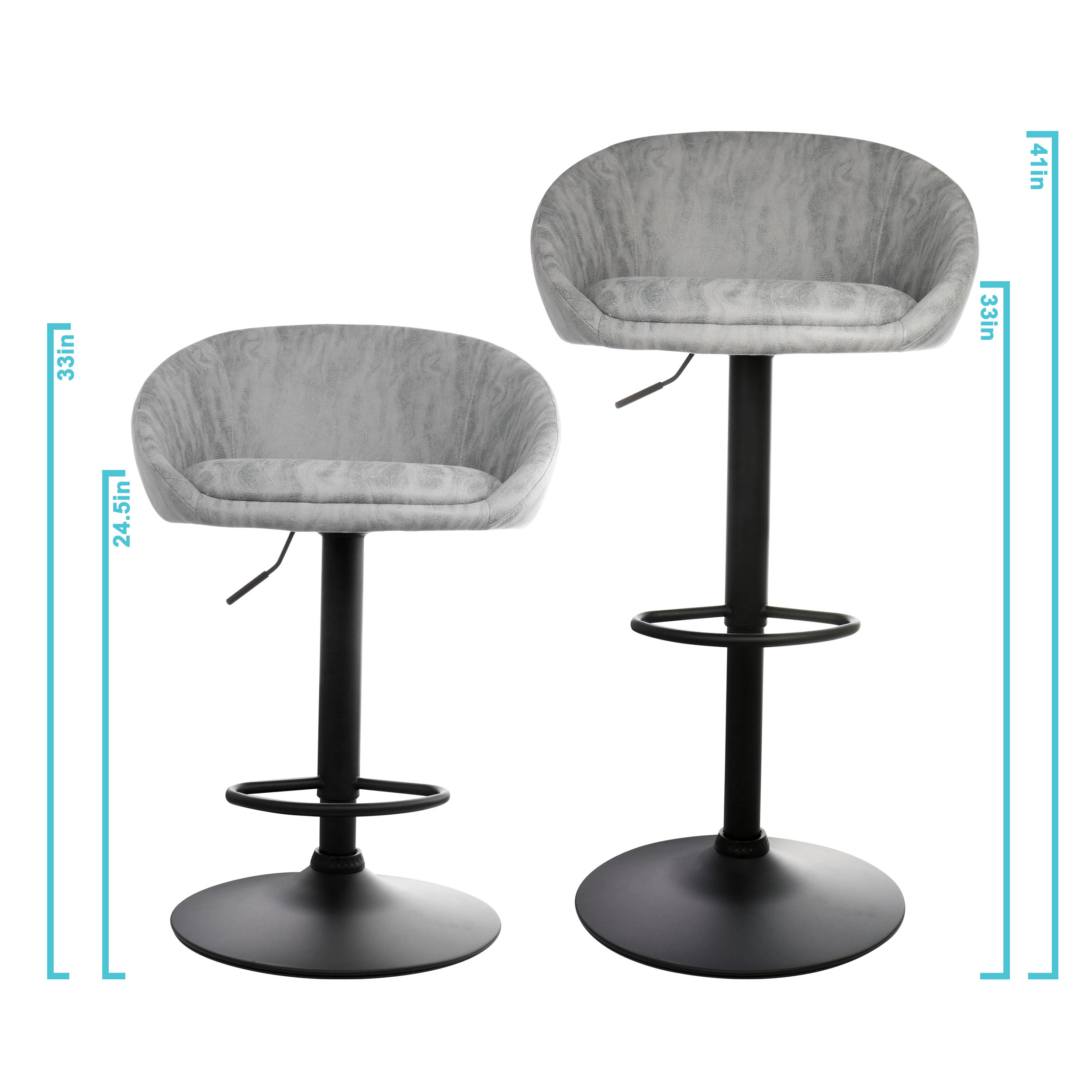Elama 2 Piece Cloth Adjustable Bar Stool Set in Gray with Black Base
