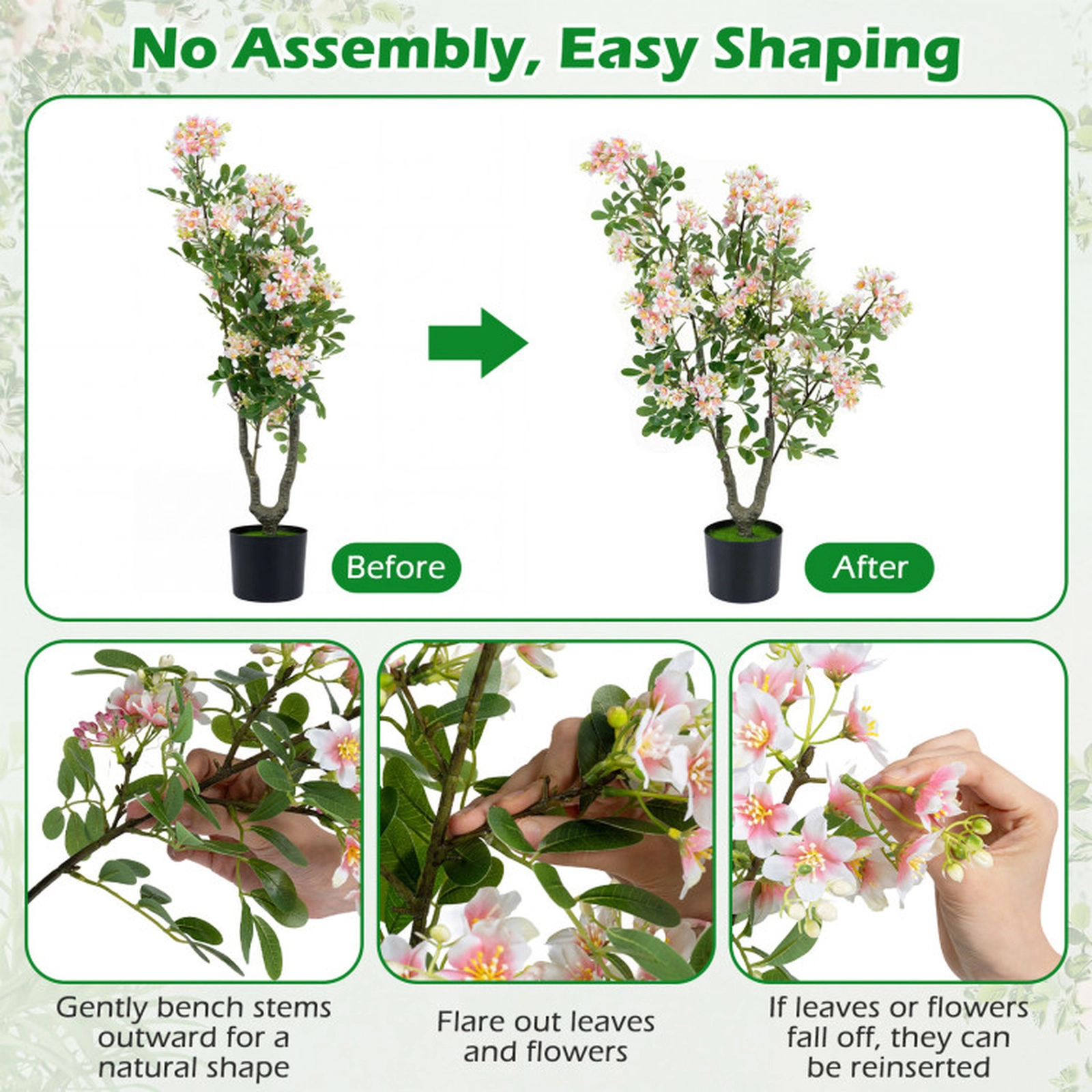 SUGIFT Set of 2 36-in Artificial Impatiens Trees with 210 Silk Flowers Mini Fruits and Cement Base Pink