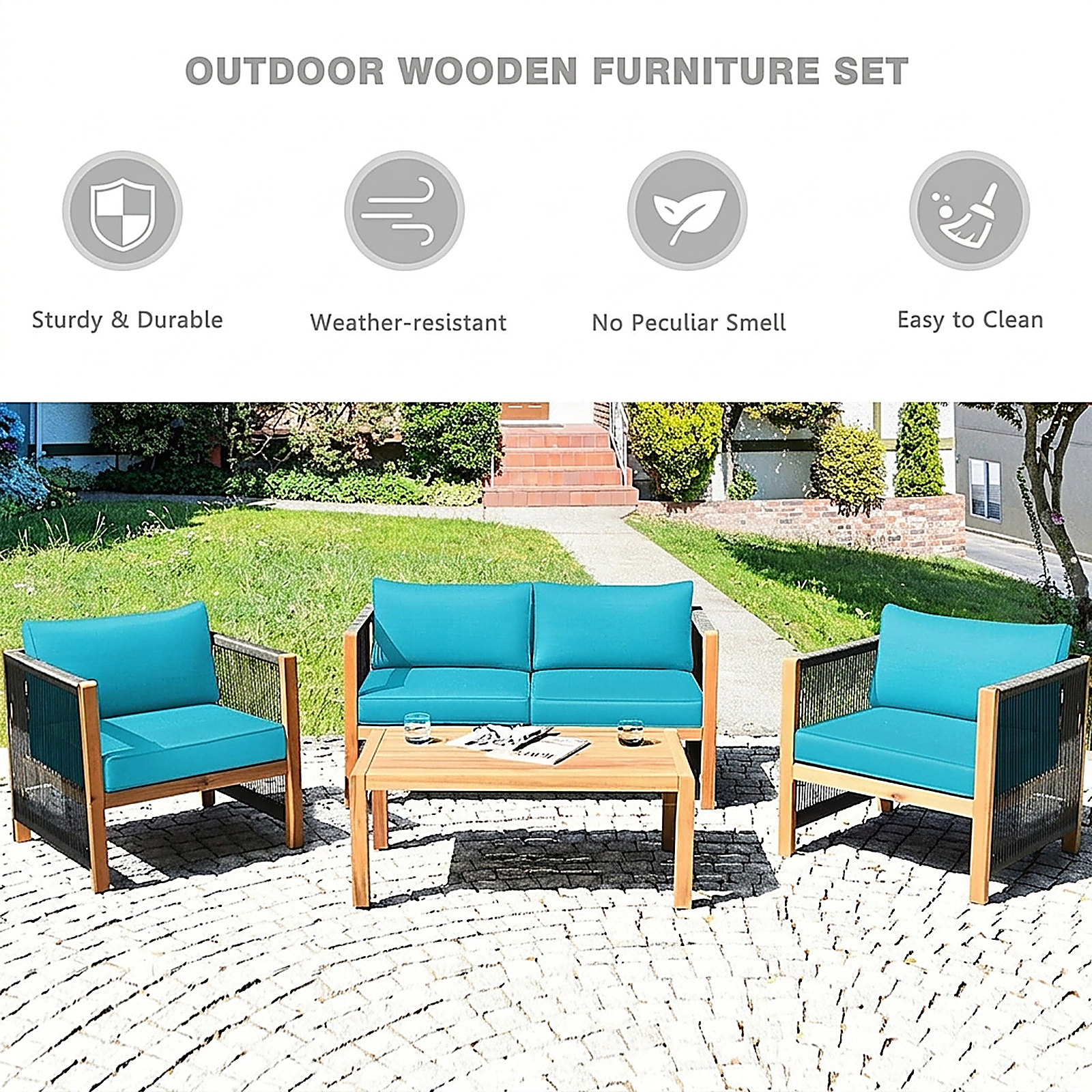 SUGIFT 4-Piece Turquoise Acacia Wood Patio Sofa Set with Loveseat, 2 Chairs and Table