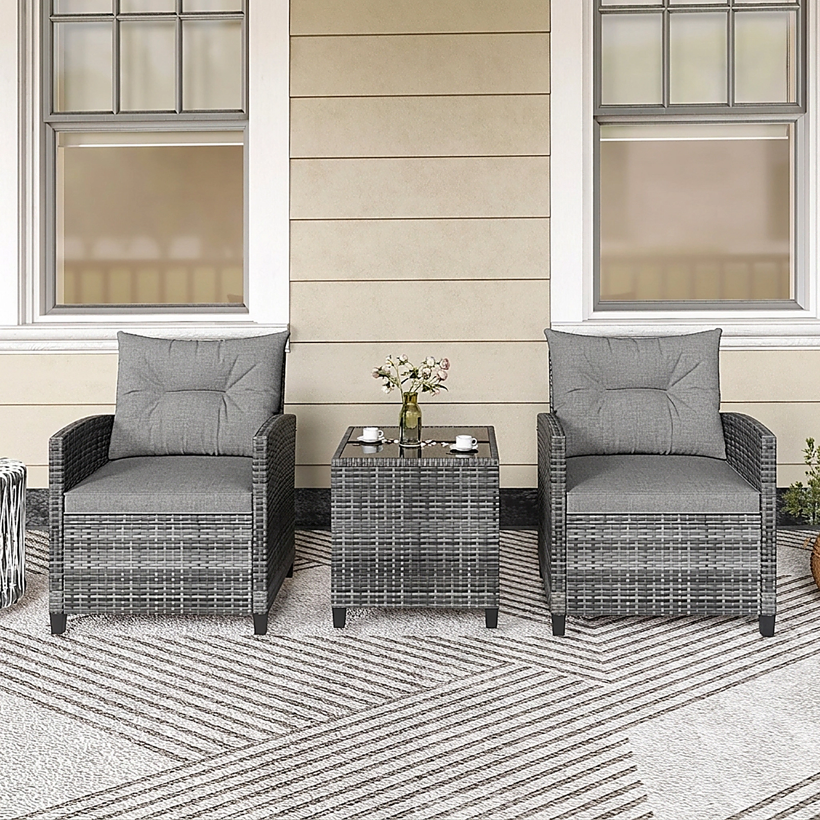 SUGIFT 3-Piece Gray Outdoor Wicker Bistro Set with Steel Frames and Glass Table