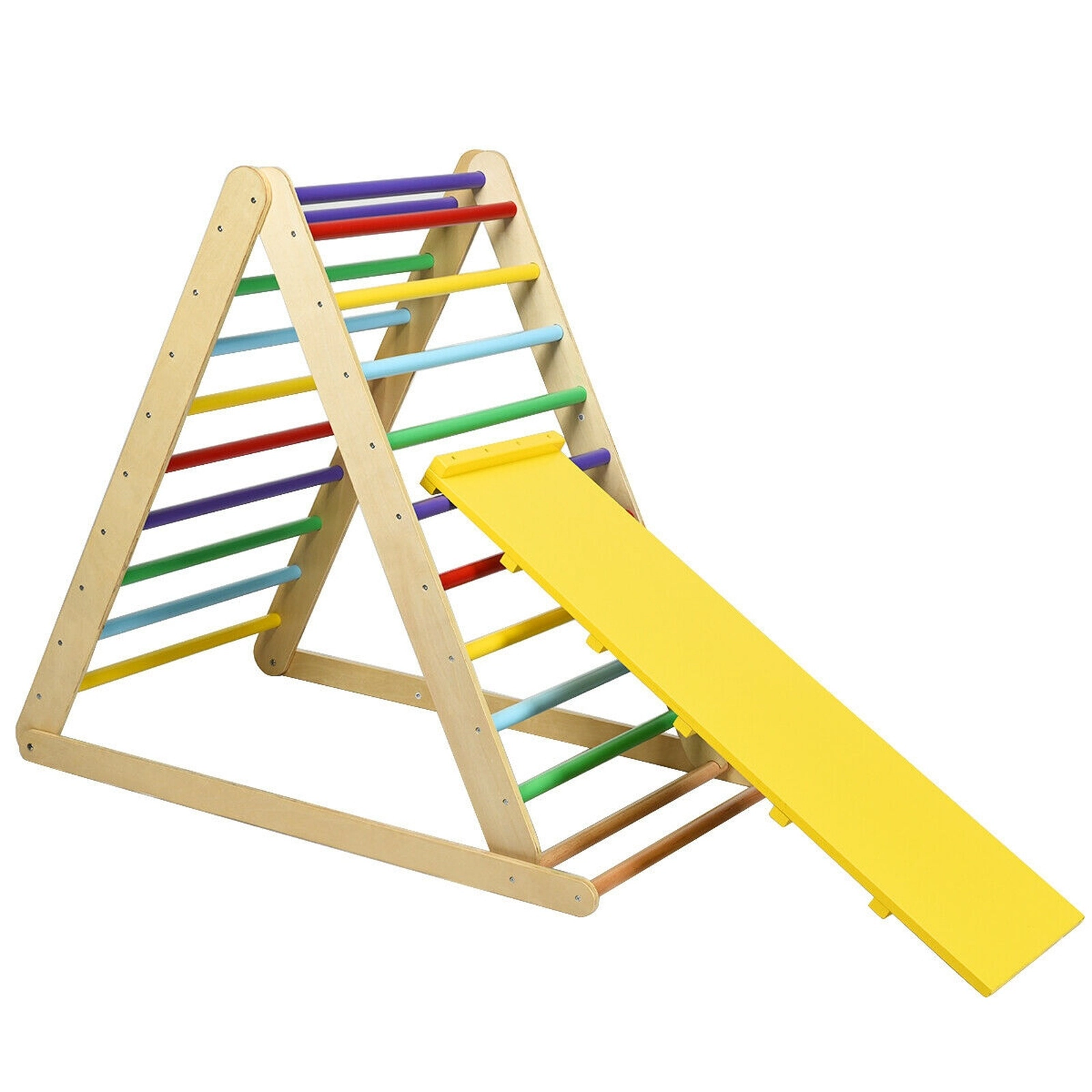 SUGIFT Foldable Wooden Climbing Triangle Ladder with Ramp 132-lb Capacity Ages 6 Months-6 Years Natural/Multicolor