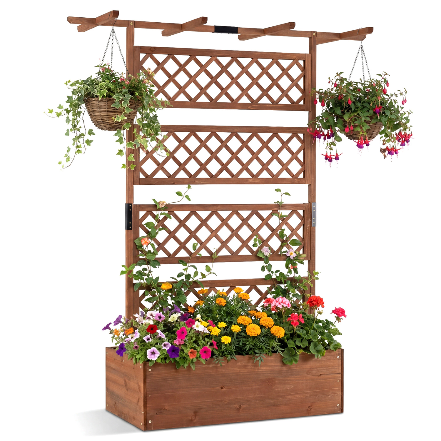 LJG Wooden Planter Box with Lattice Trellis Raised Garden Bed Privacy Screen Flat Roof