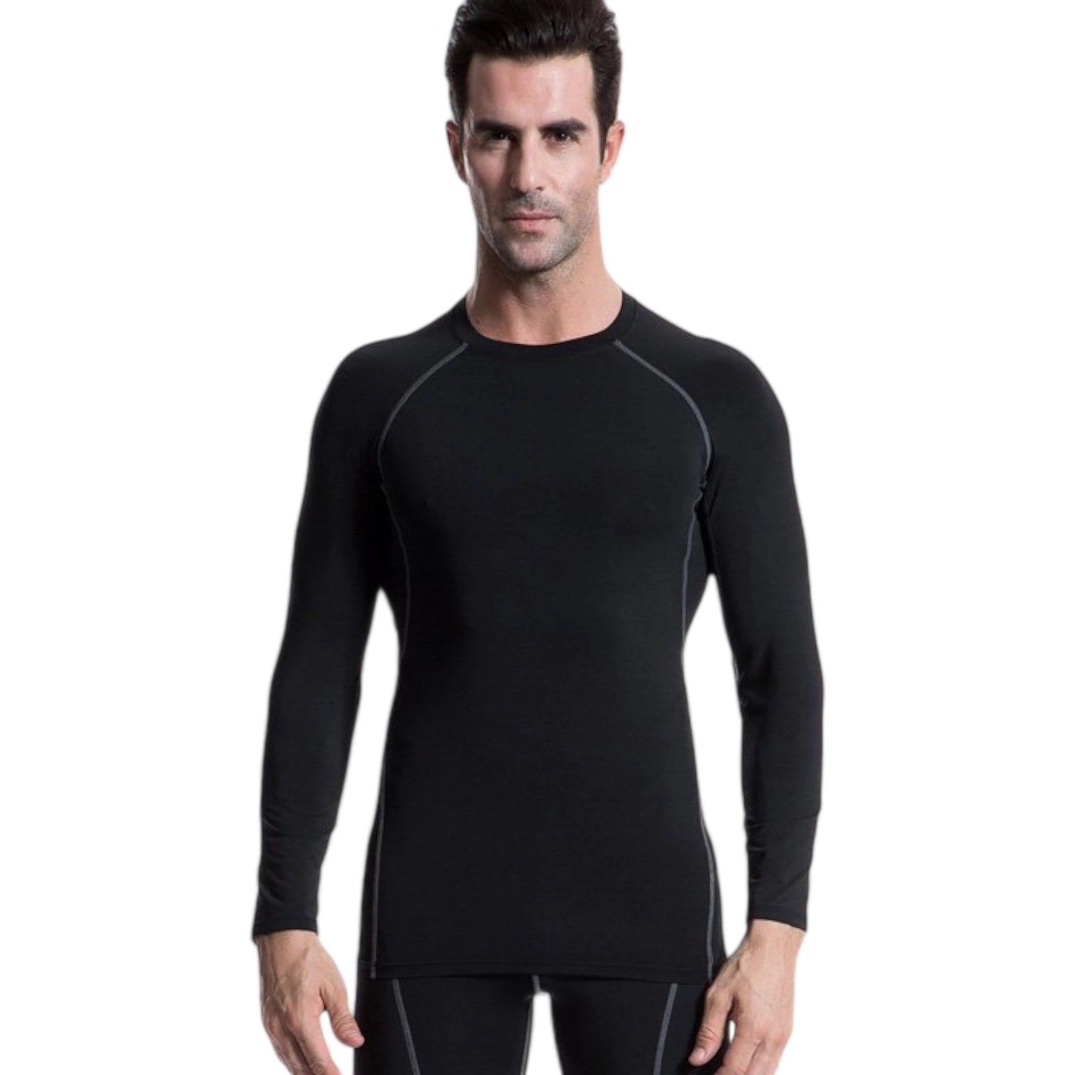 Anna-Kaci Men's Long Sleeve Compression Training Shirt with Crew Neck and Contrast Stitching Detail