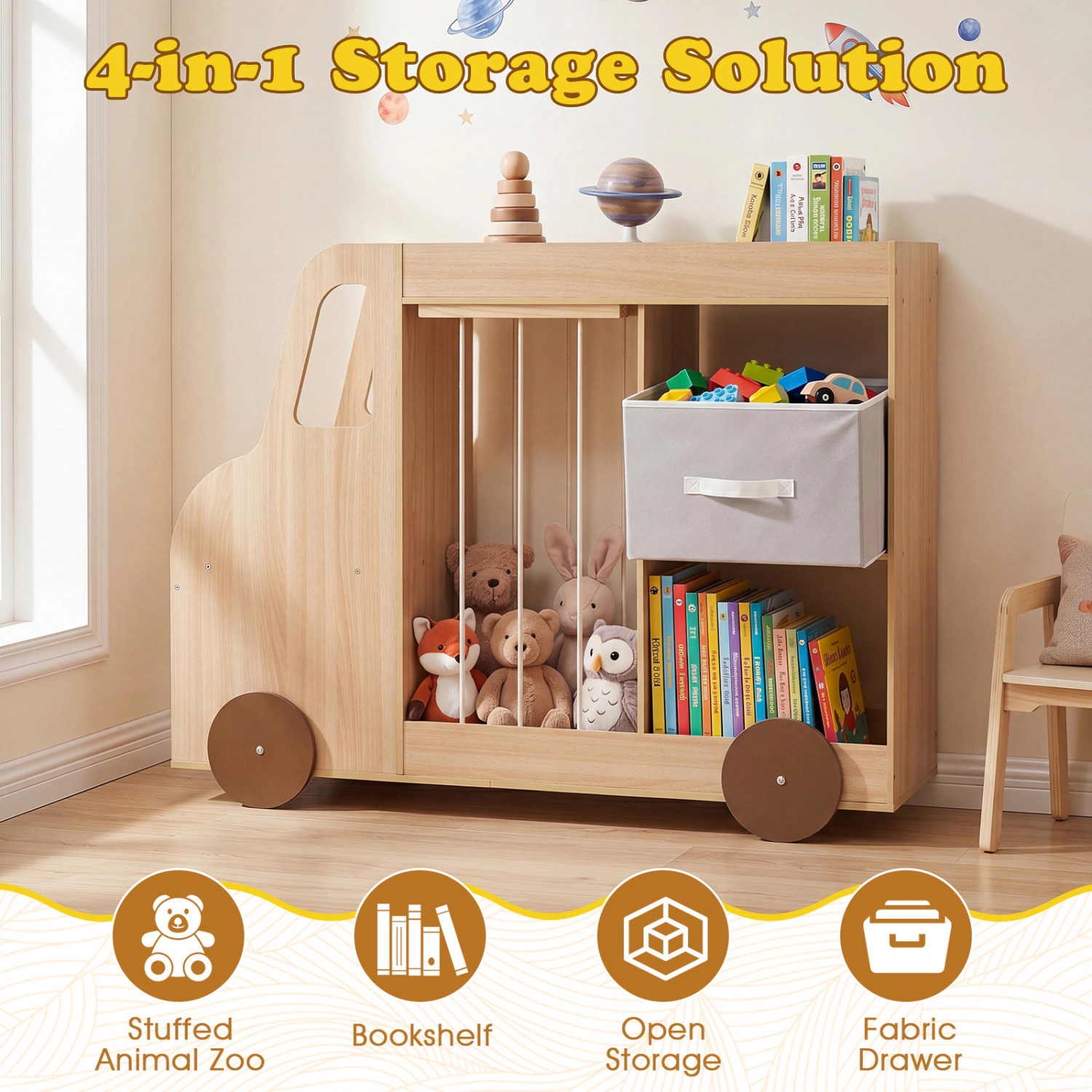 Hivvago Toy Storage Organizer with Stuffed Animal Fabric Drawer and Universal Wheels
