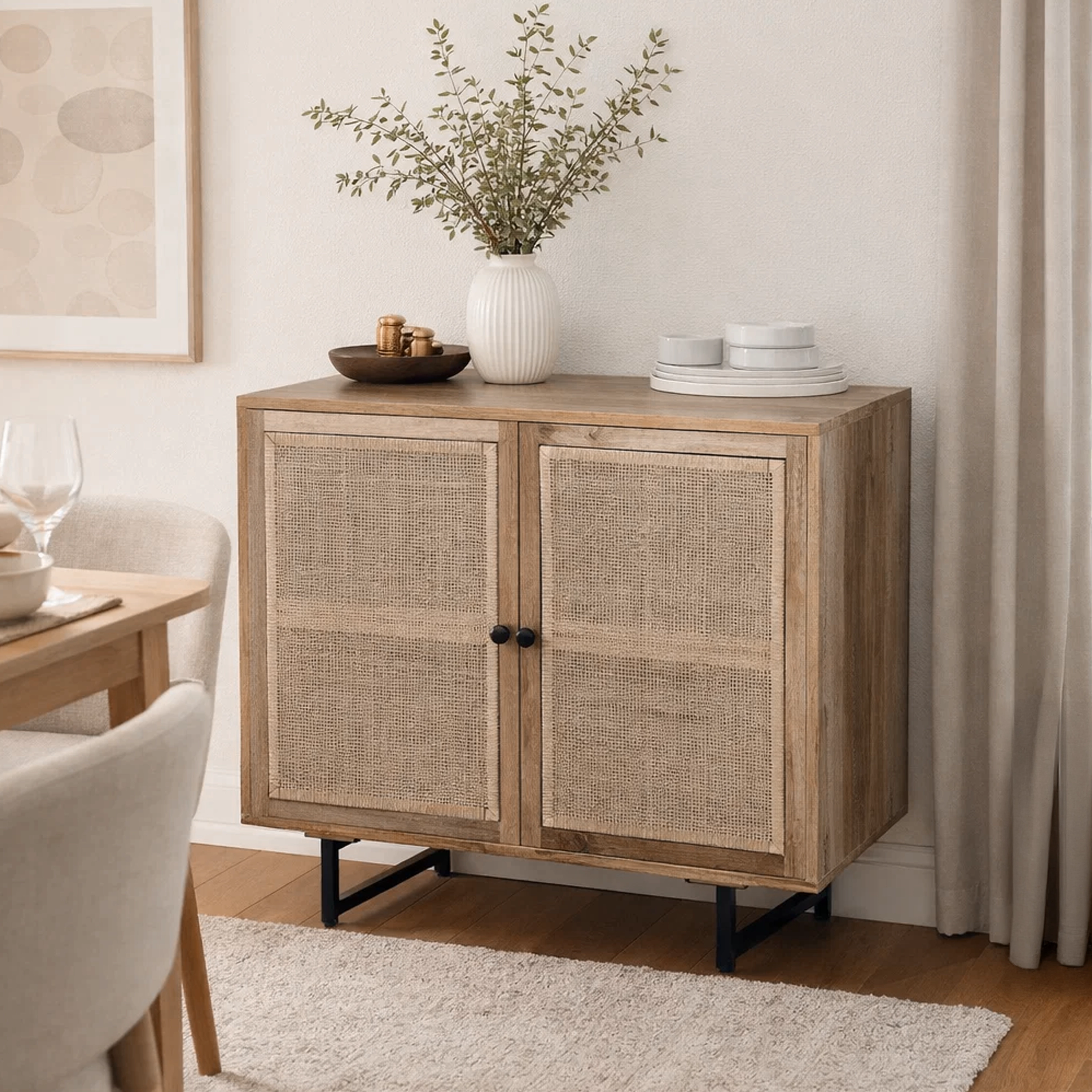 The Urban Port 35 Inch Handcrafted Accent Cabinet with 2 Mesh Rattan Doors, Black Iron Legs, Brown Mango Wood Frame