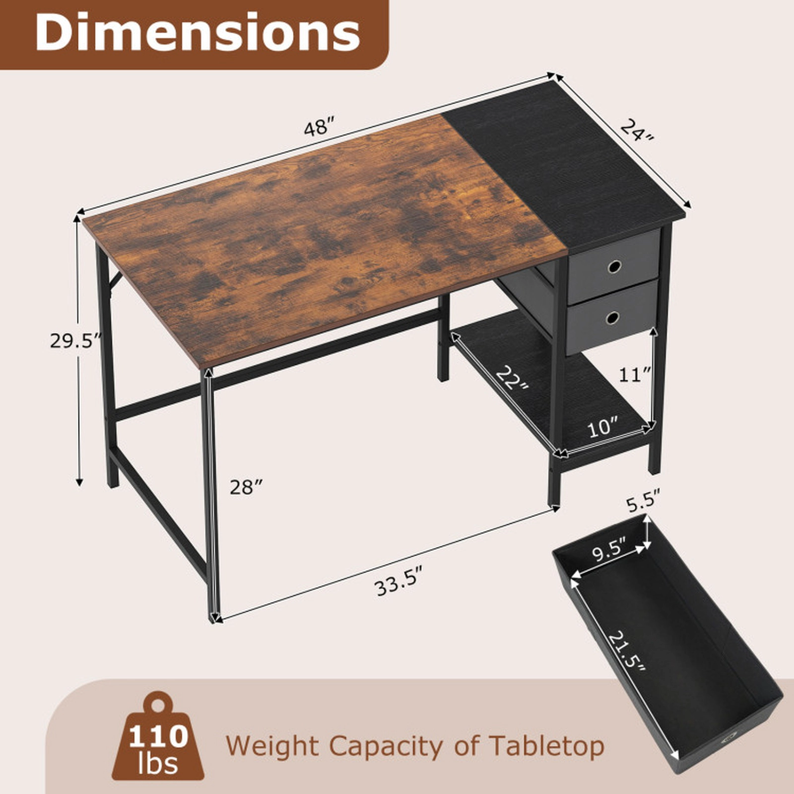SUGIFT Industrial Computer Desk 2 Folding Fabric Drawers & Open Shelf 110-Lb Tabletop Capacity Rustic Brown Black Gray