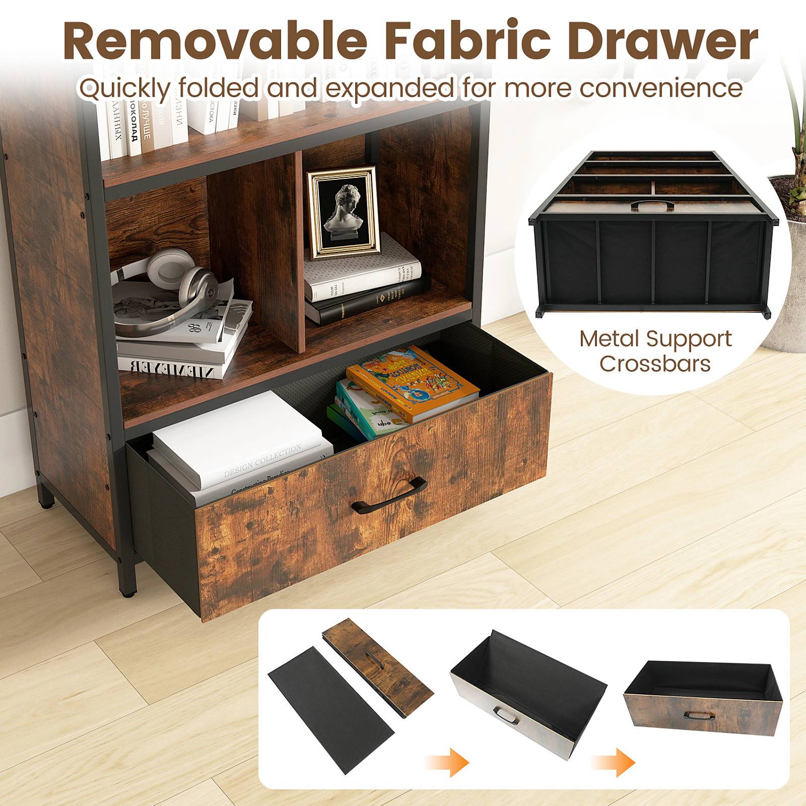 SUGIFT Rustic Brown Bookcase with Removable Fabric Drawer 27-in W 12-in D 56-in H 44-lb Per Large Compartment