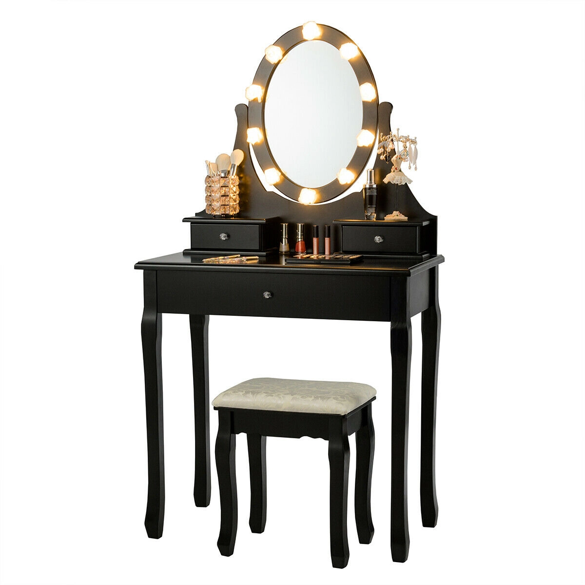 SUGIFT 3-Drawer Lighted Mirror Vanity Dressing Table and Stool Set with 360-Degree Rotating Oval Mirror Black