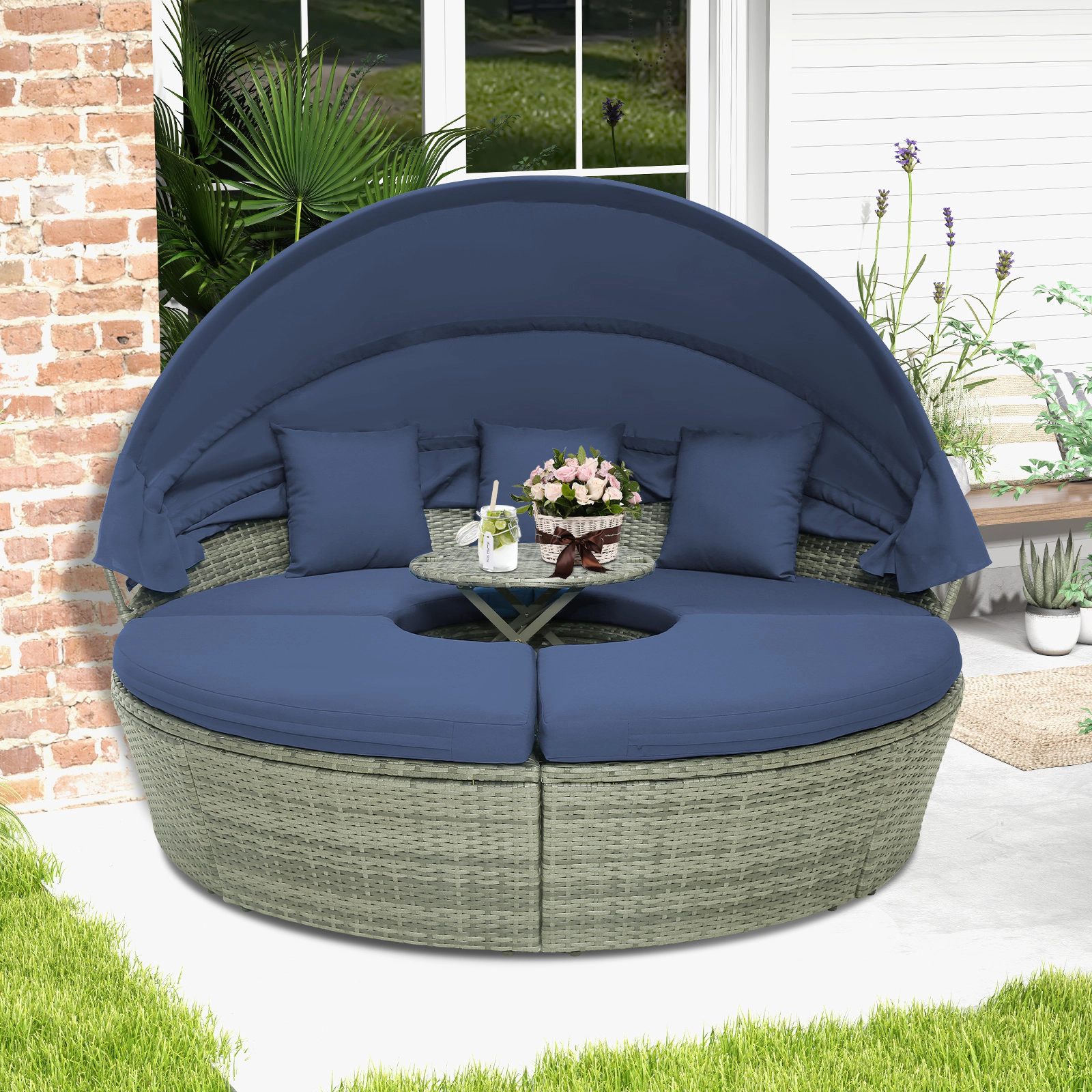LJG Outdoor PE Wicker Round Daybed with Retractable Canopy and Cushions