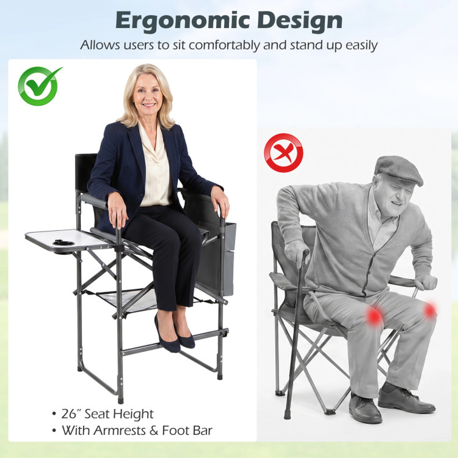 SUGIFT Folding Tall Director Camping Chair 26-in Seat Height 350-lb Capacity with Side Table Gray Black White